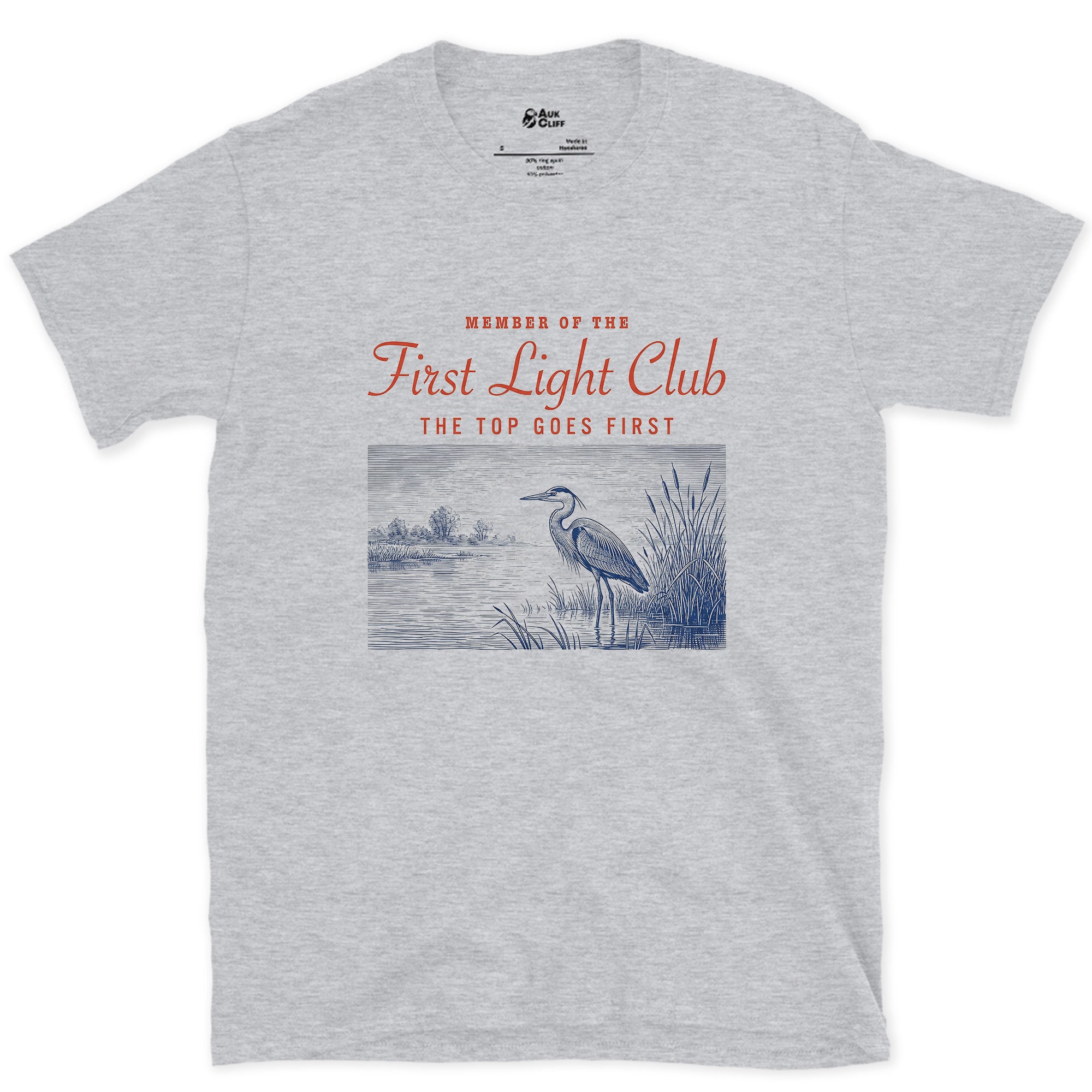 The Top Goes First, Heron in Water design on a Sport Grey Gildan Softstyle t-shirt