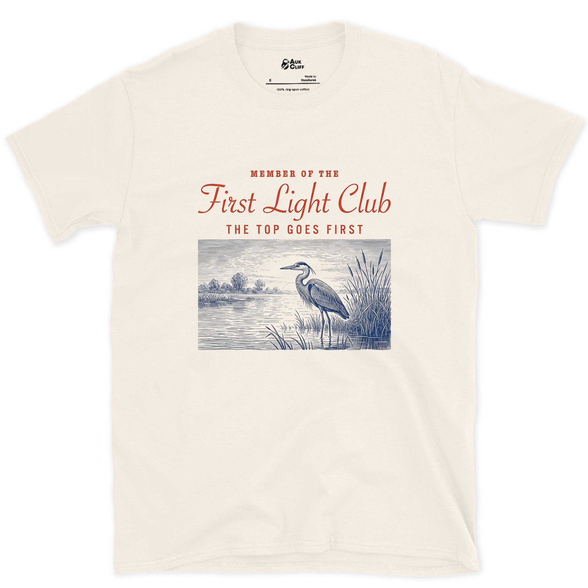 The Top Goes First, Heron in Water design on a Natural Gildan Softstyle t-shirt