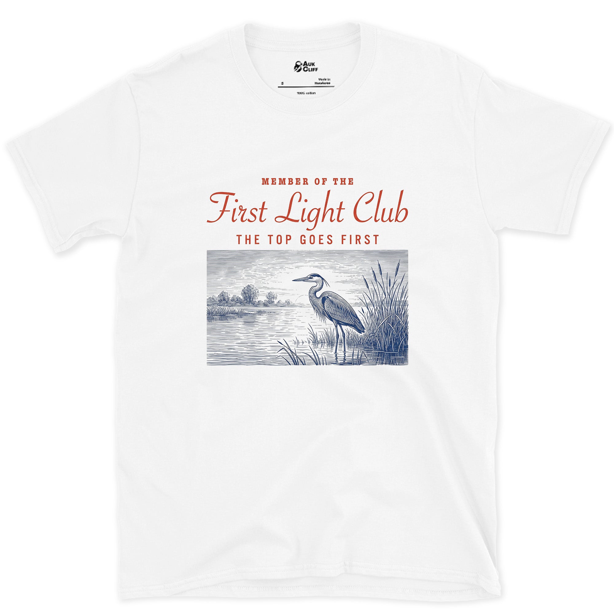 The Top Goes First, Heron in Water design on a White Gildan Softstyle t-shirt