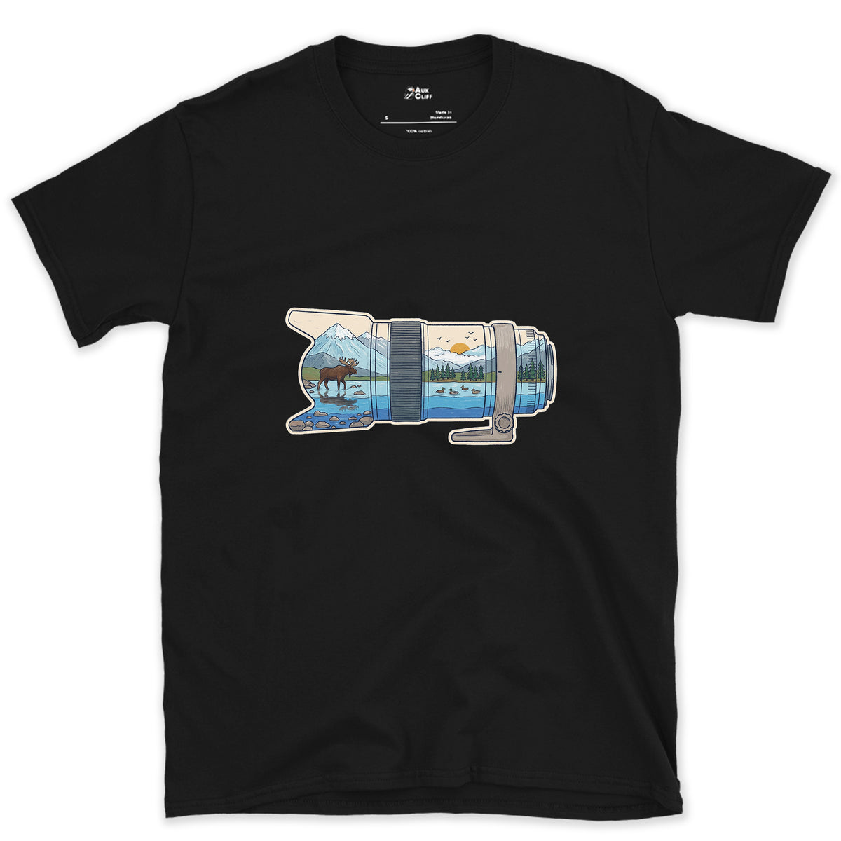 First Light Down the Long Lens design on a Black Gildan Softstyle t-shirt