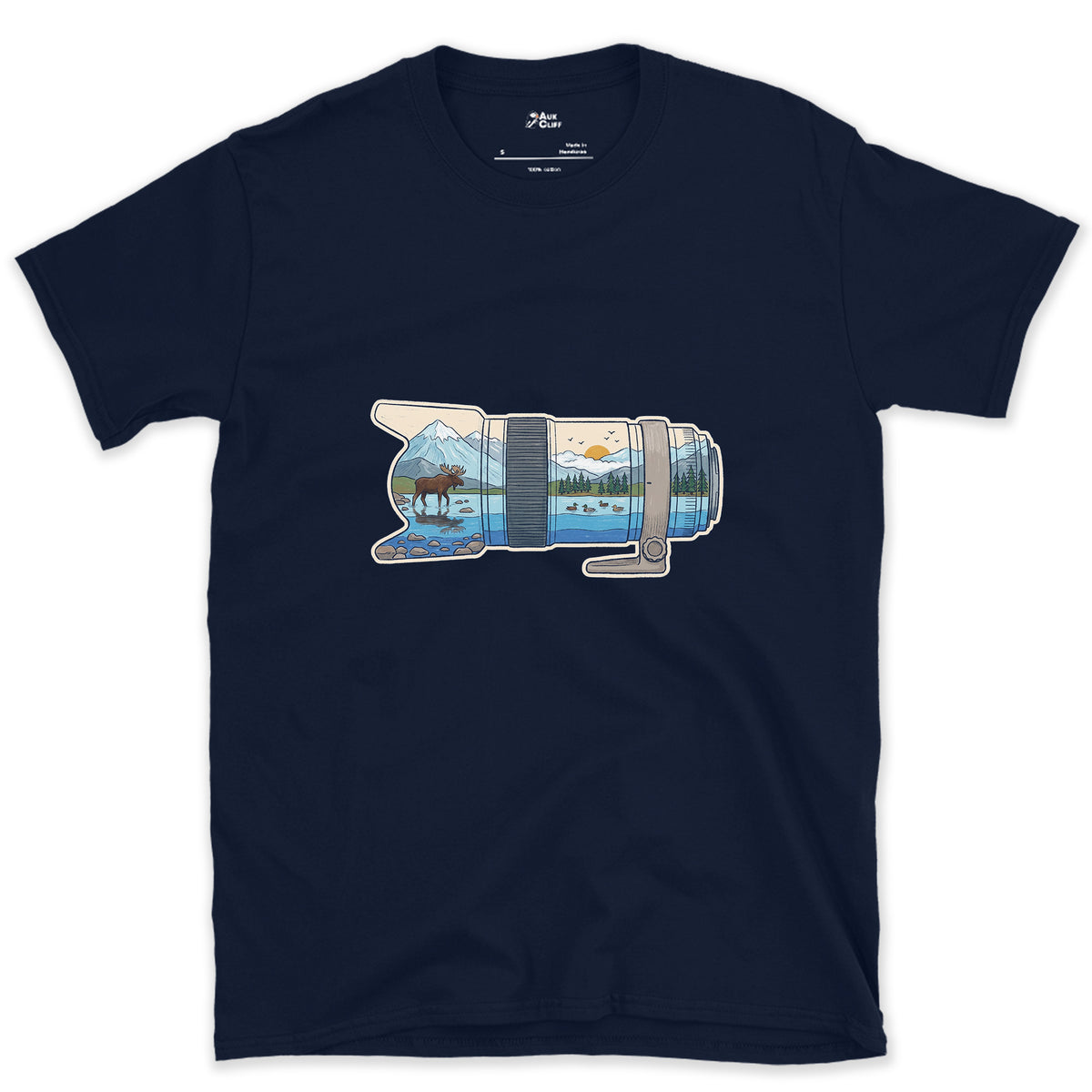 First Light Down the Long Lens design on a Navy Gildan Softstyle t-shirt