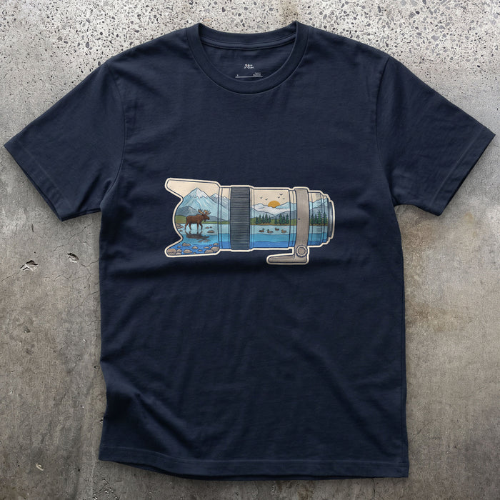 First Light Down the Long Lens design on a Navy Gildan Softstyle t-shirt