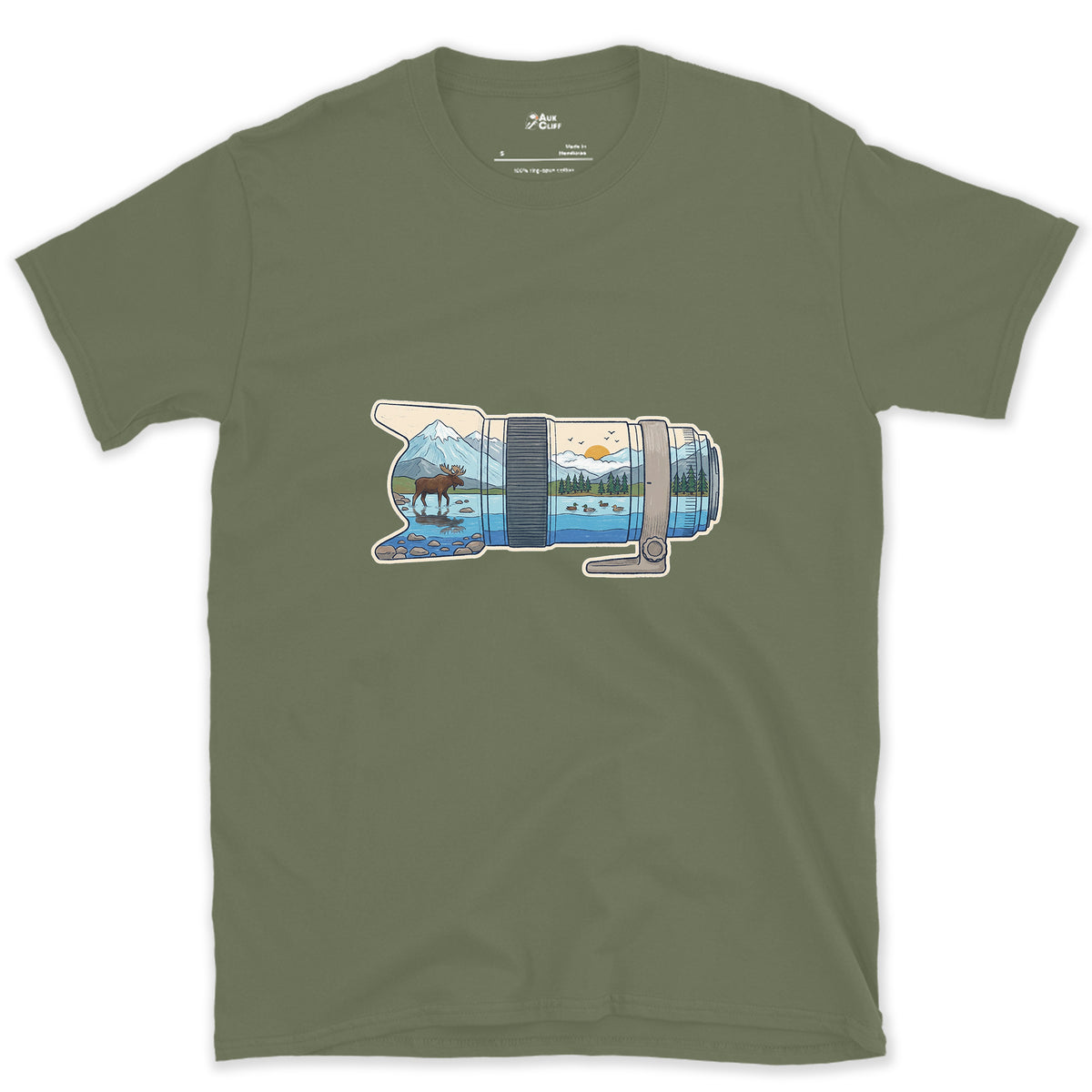First Light Down the Long Lens design on a Military Green Gildan Softstyle t-shirt
