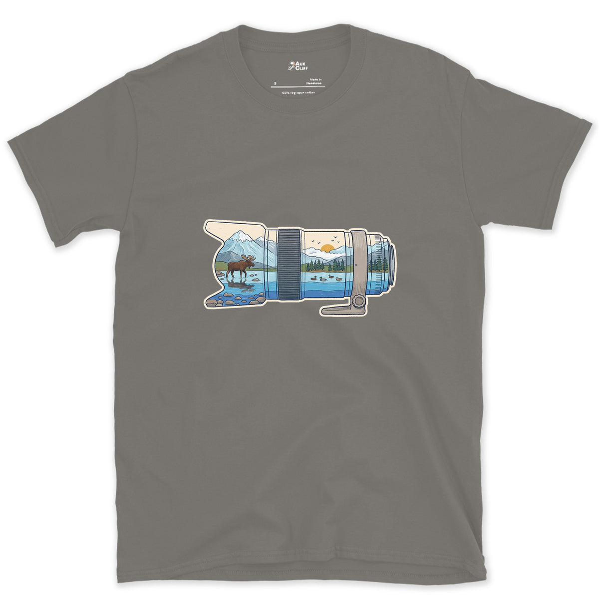 First Light Down the Long Lens design on a Charcoal Gildan Softstyle t-shirt