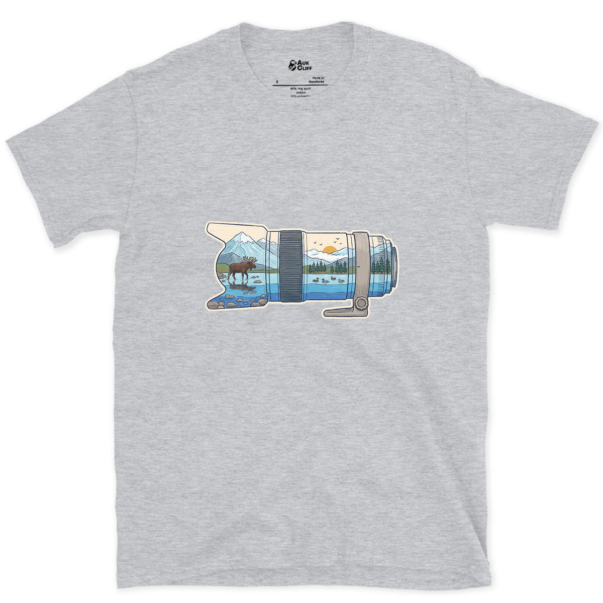 First Light Down the Long Lens design on a Sport Grey Gildan Softstyle t-shirt