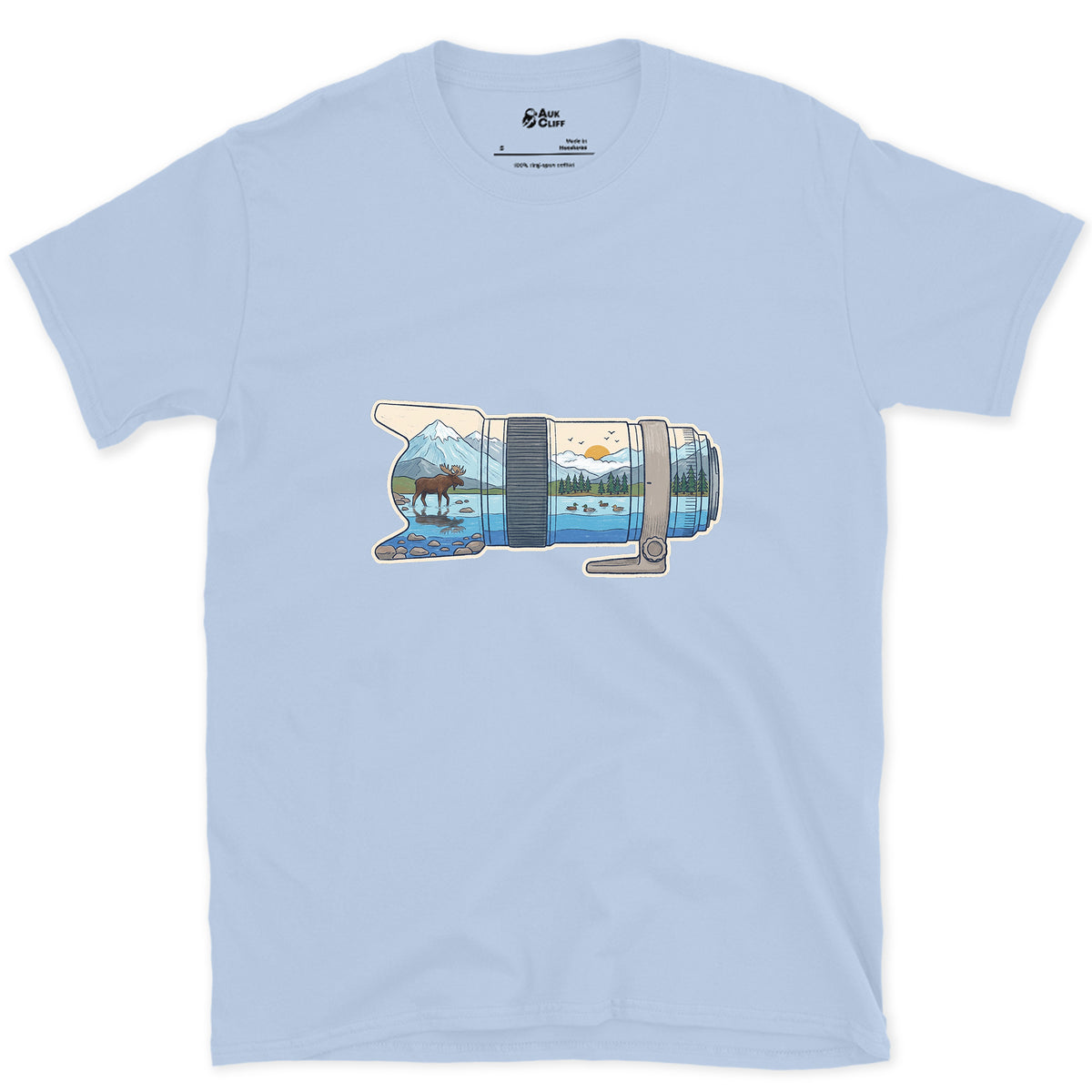 First Light Down the Long Lens design on a Light Blue Gildan Softstyle t-shirt