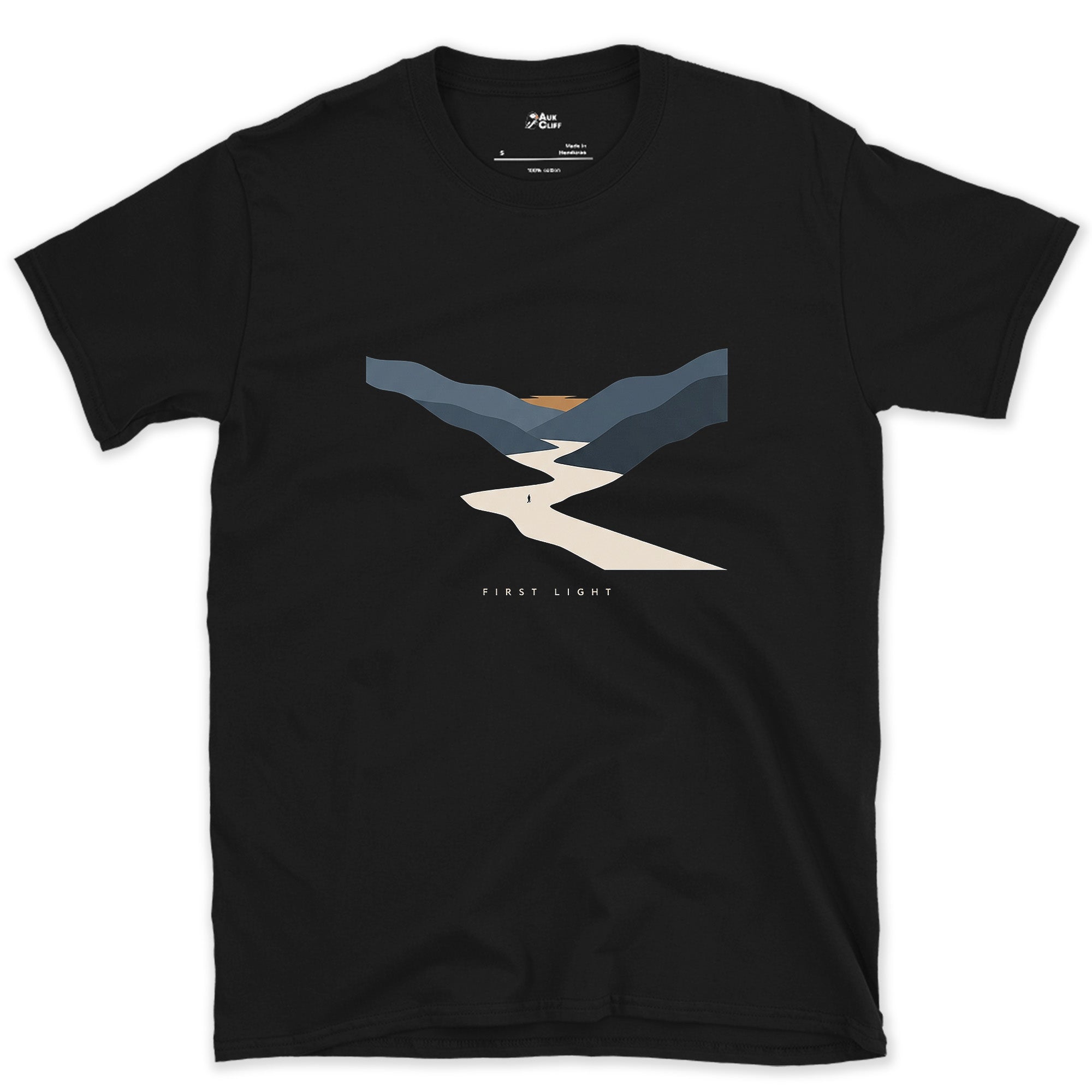 Dawn Reaches the Water First, River Valley design on a Black Gildan Softstyle t-shirt