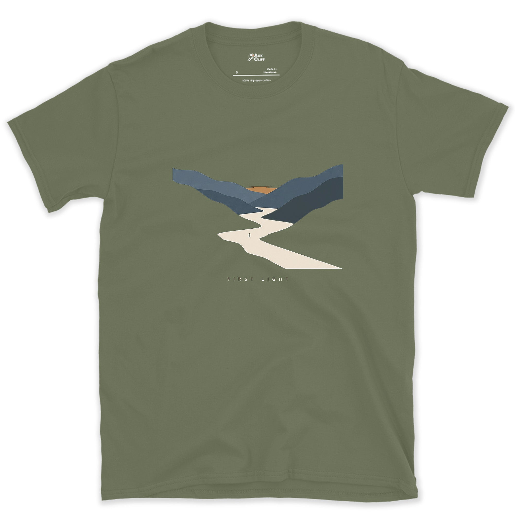 Dawn Reaches the Water First, River Valley design on a Military Green Gildan Softstyle t-shirt
