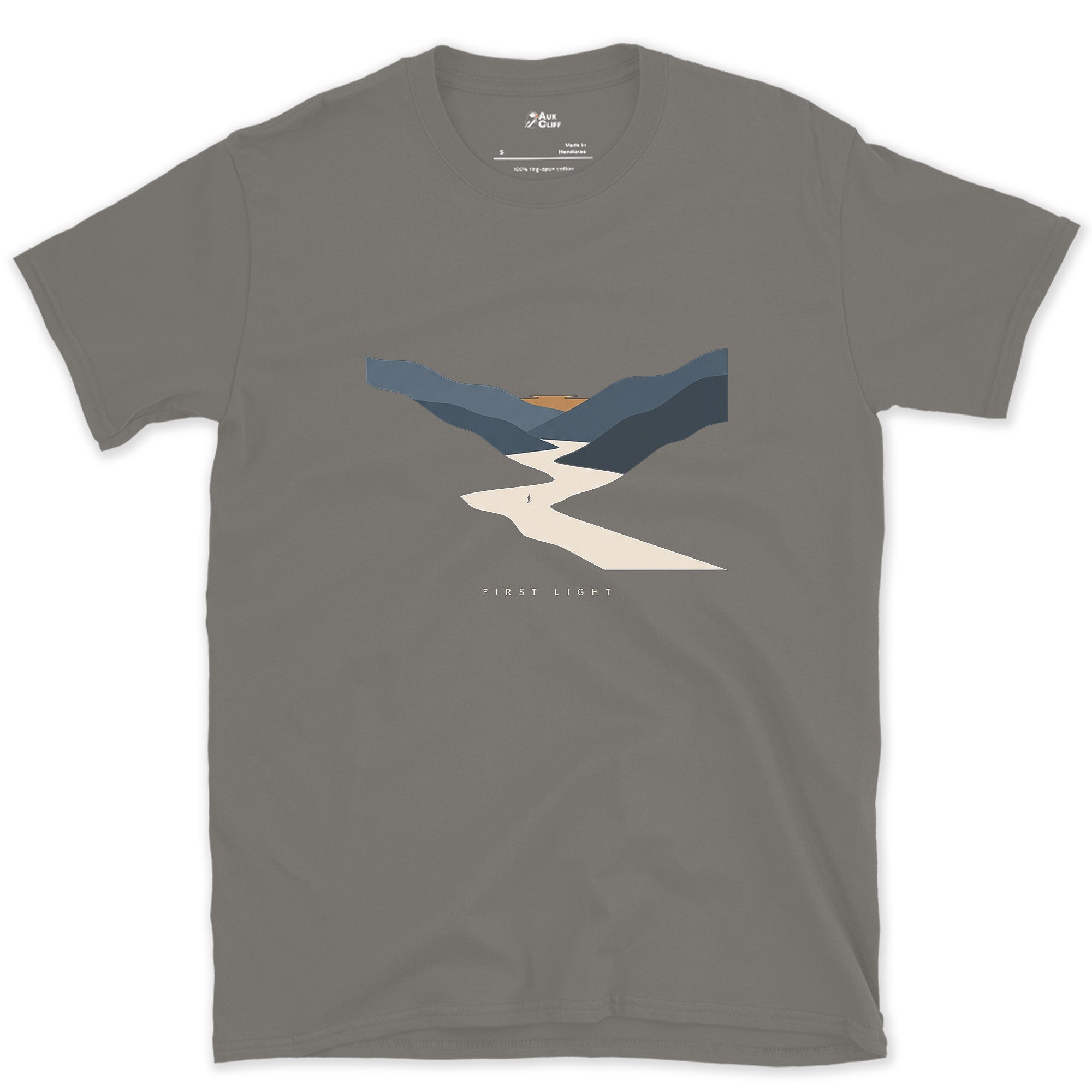 Dawn Reaches the Water First, River Valley design on a Charcoal Gildan Softstyle t-shirt