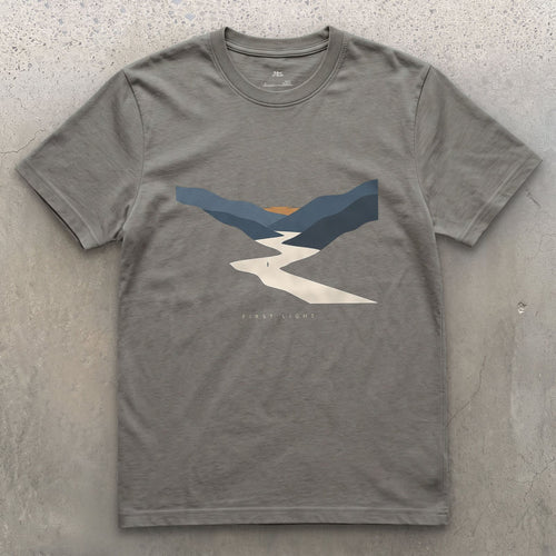 Dawn Reaches the Water First, River Valley design on a Charcoal Gildan Softstyle t-shirt