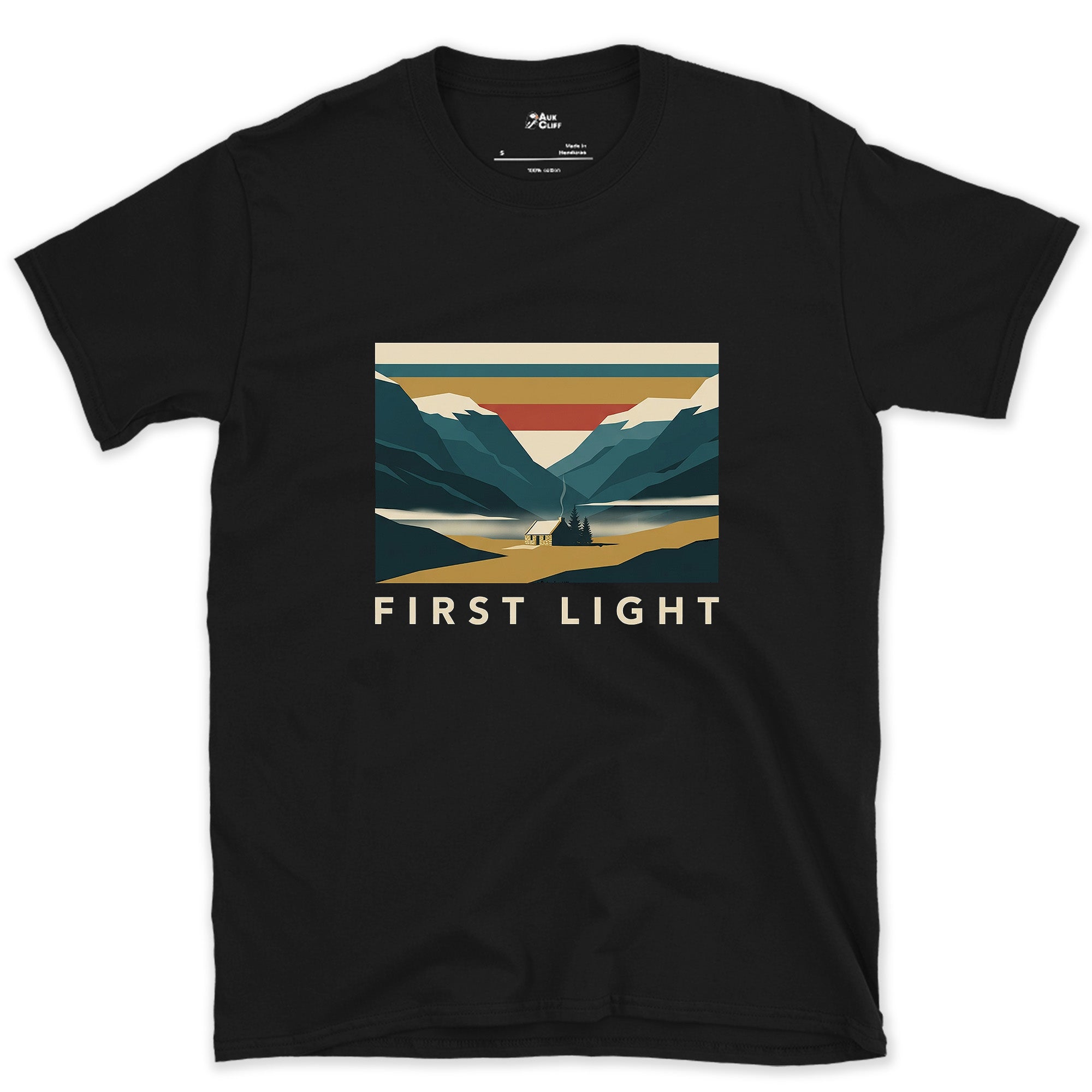 First Light, Cabin on the Lake design on a Black Gildan Softstyle t-shirt