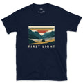 First Light, Cabin on the Lake design on a Navy Gildan Softstyle t-shirt