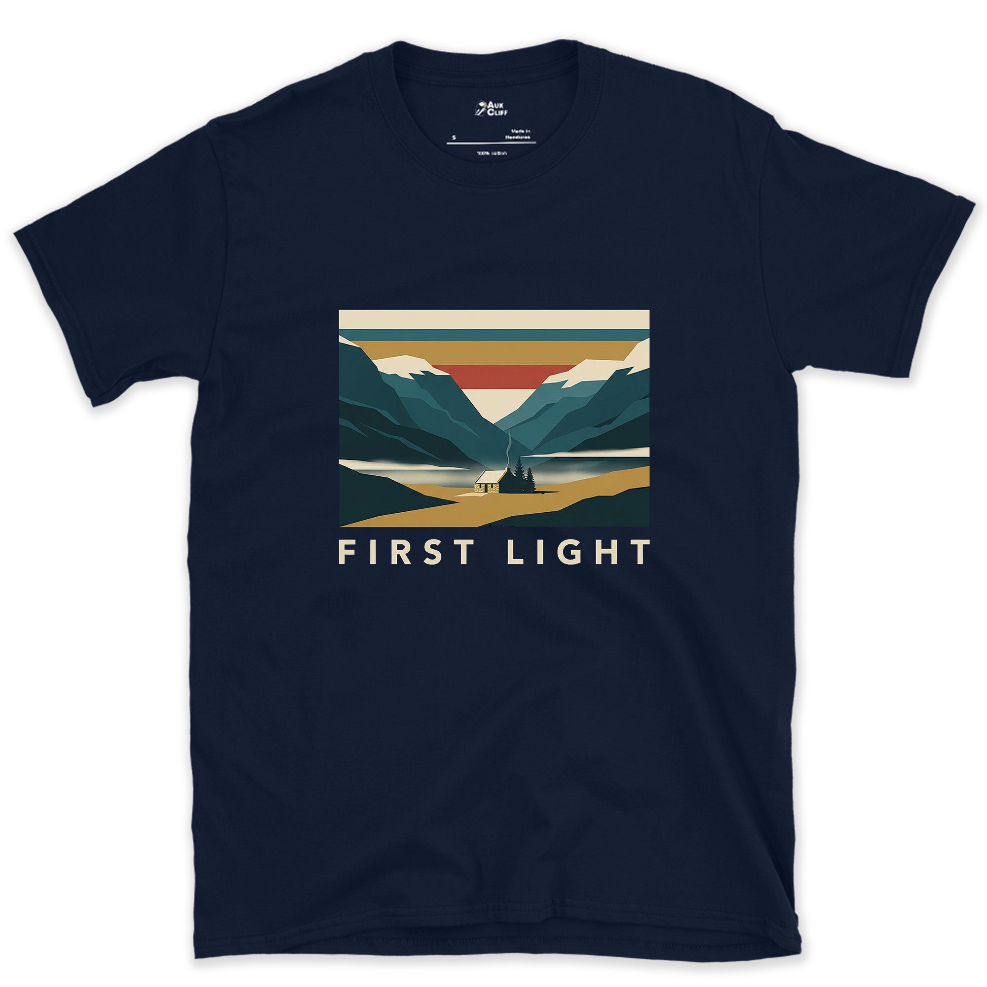 First Light, Cabin on the Lake design on a Navy Gildan Softstyle t-shirt