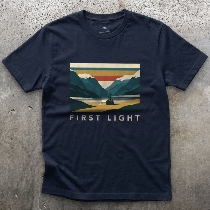 First Light, Cabin on the Lake design on a Navy Gildan Softstyle t-shirt