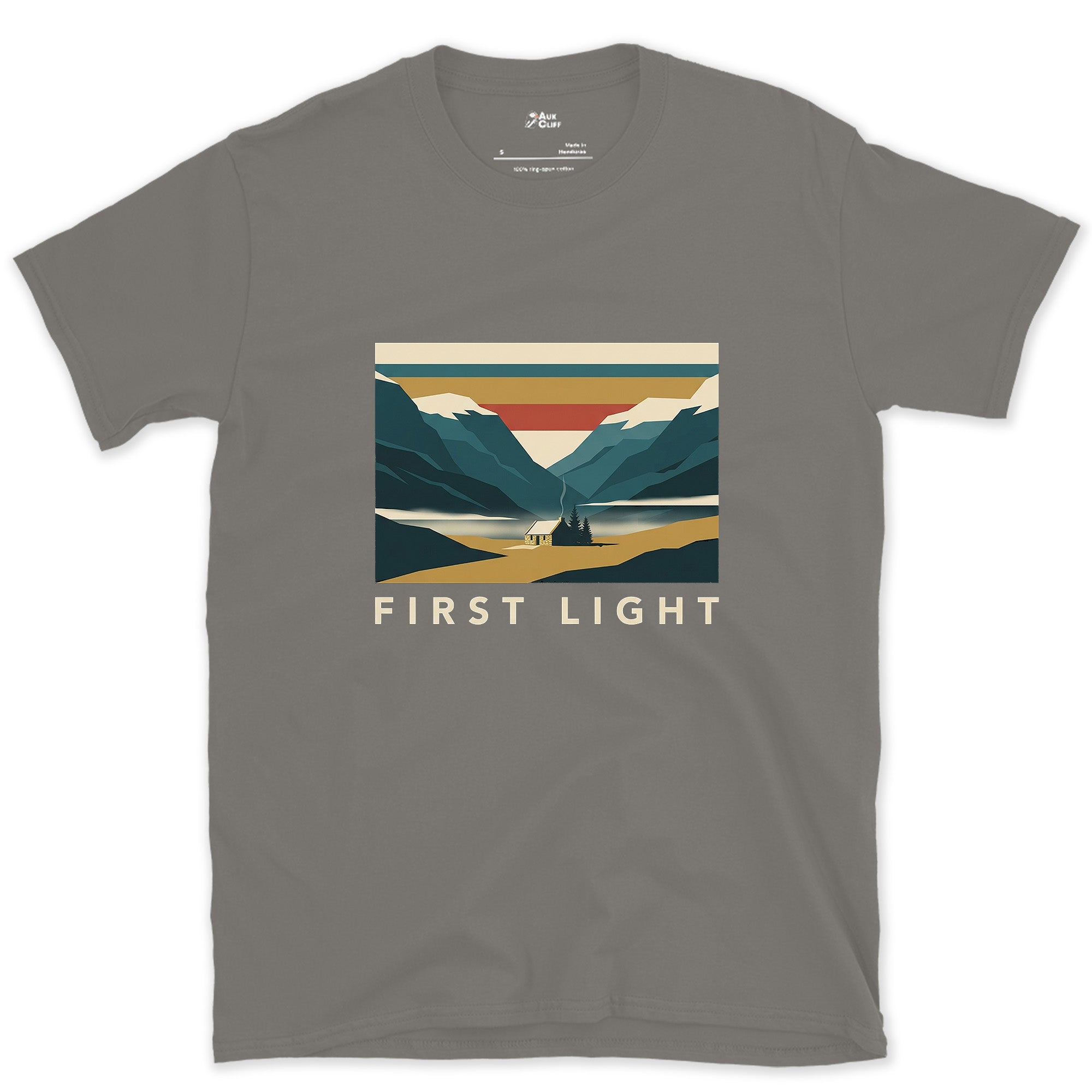 First Light, Cabin on the Lake design on a Charcoal Gildan Softstyle t-shirt