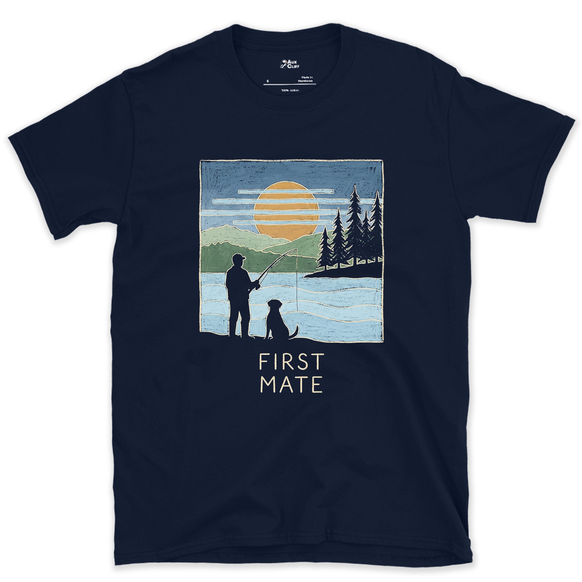 First Mate, Angler and Dog at Sunset design on a Navy Gildan Softstyle t-shirt
