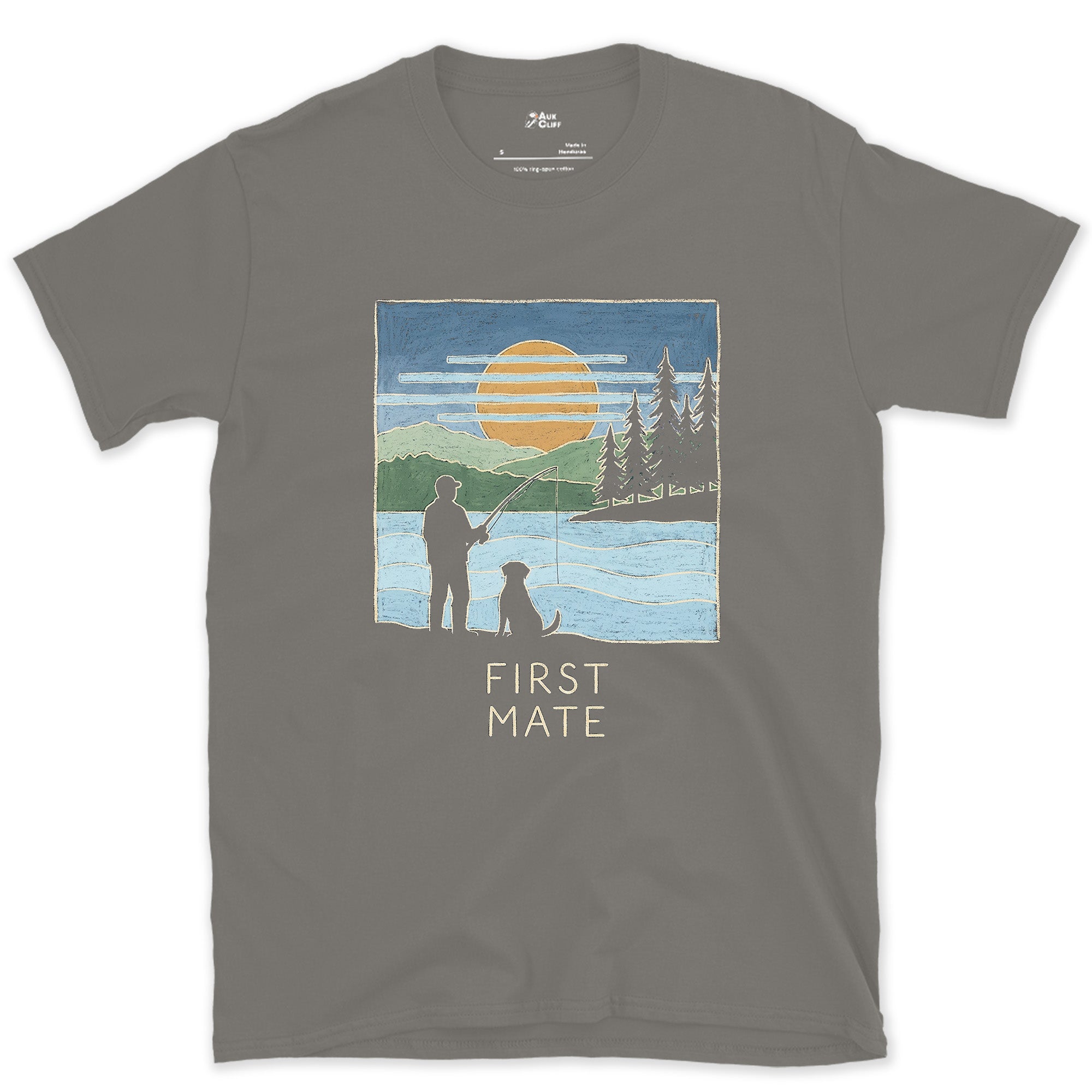 First Mate, Angler and Dog at Sunset design on a Charcoal Gildan Softstyle t-shirt