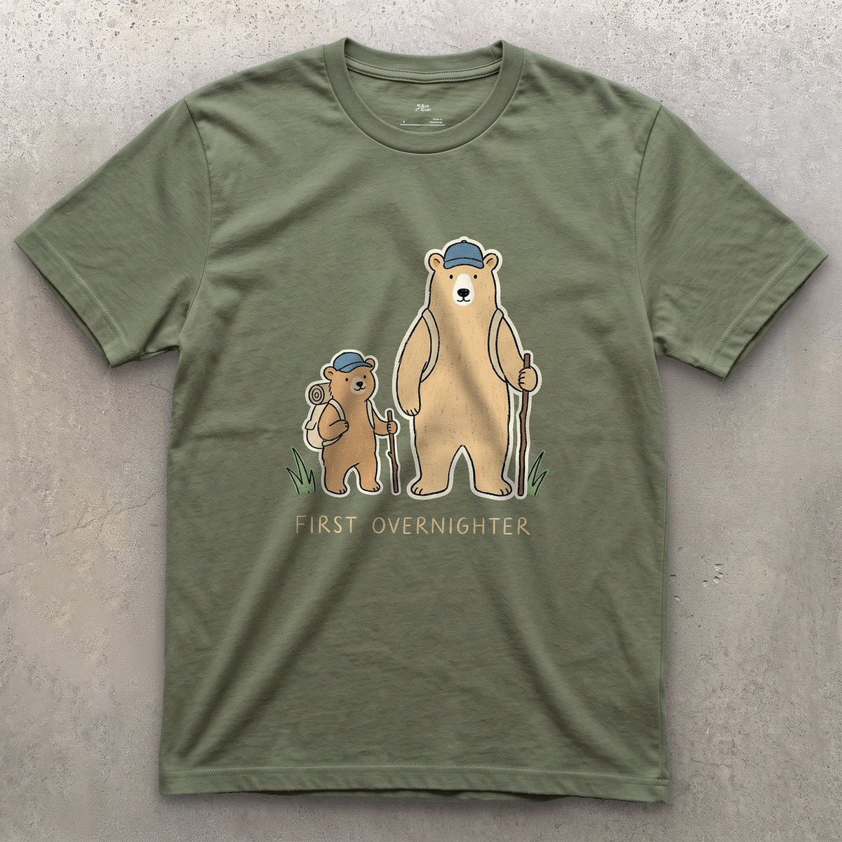 Half a Step Behind, Bear and Cub design on a Military Green Gildan Softstyle t-shirt