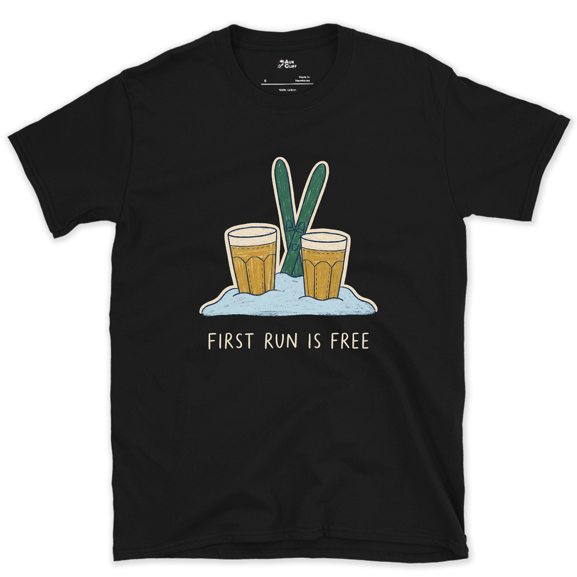First Run Is Free, Beers Planted in Snow design on a Black Gildan Softstyle t-shirt