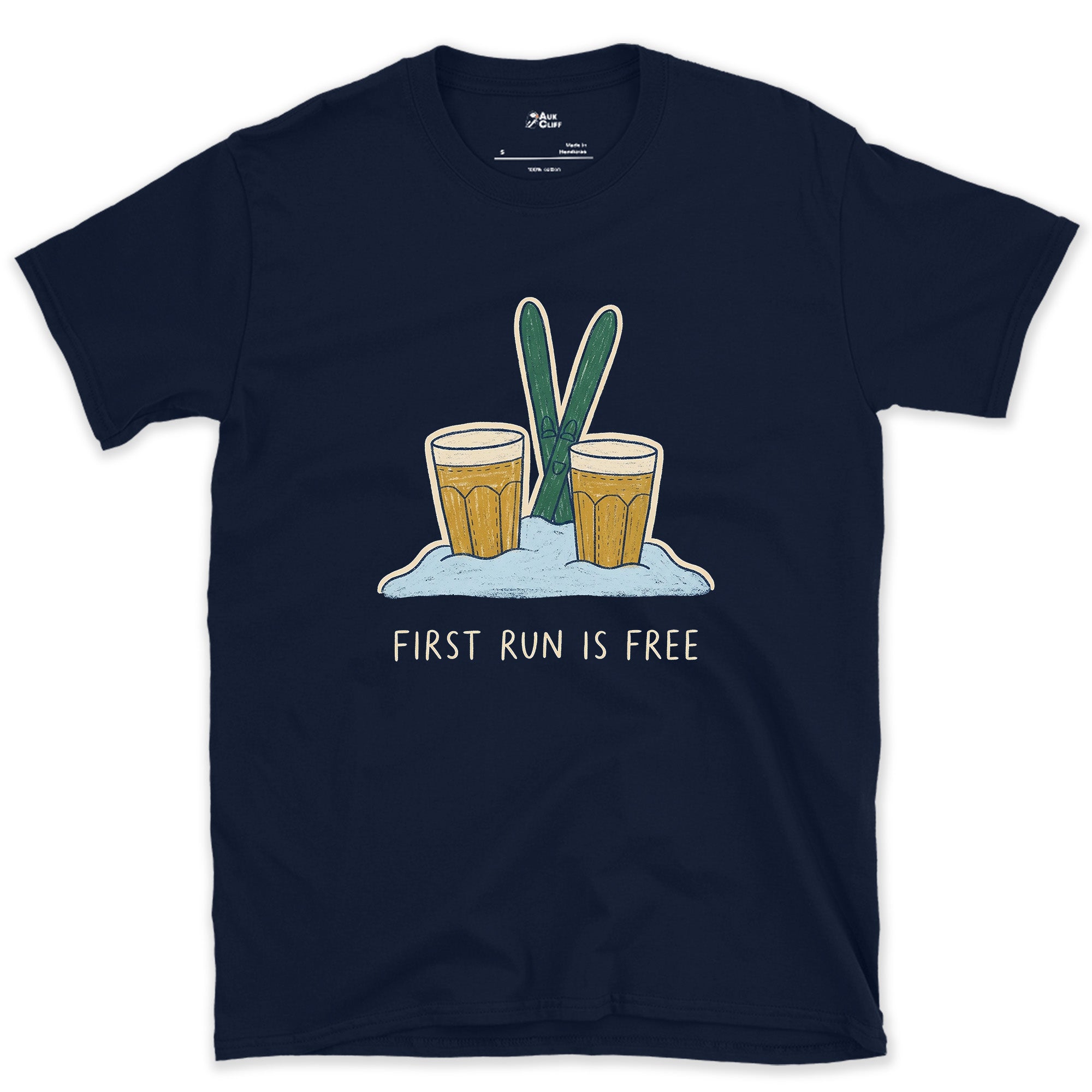 First Run Is Free, Beers Planted in Snow design on a Navy Gildan Softstyle t-shirt