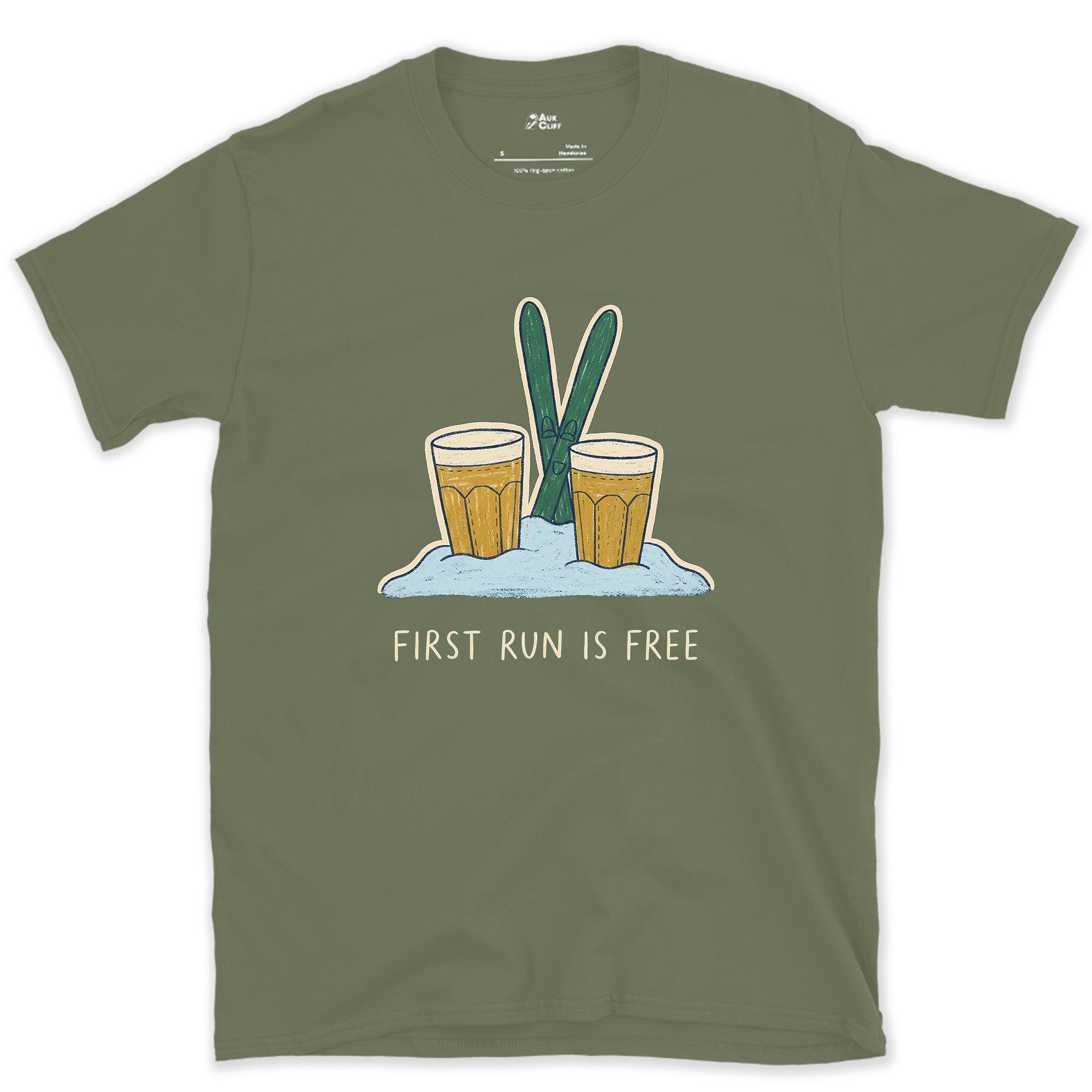First Run Is Free, Beers Planted in Snow design on a Military Green Gildan Softstyle t-shirt