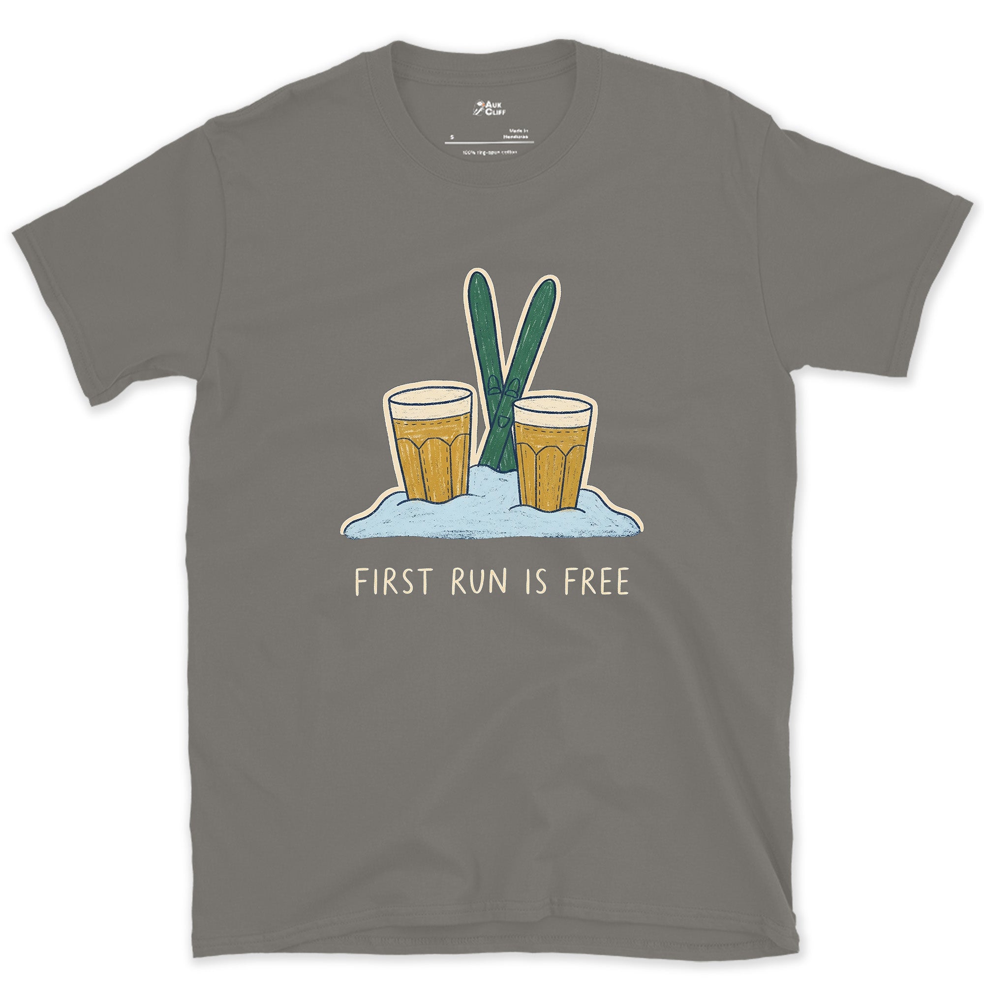 First Run Is Free, Beers Planted in Snow design on a Charcoal Gildan Softstyle t-shirt