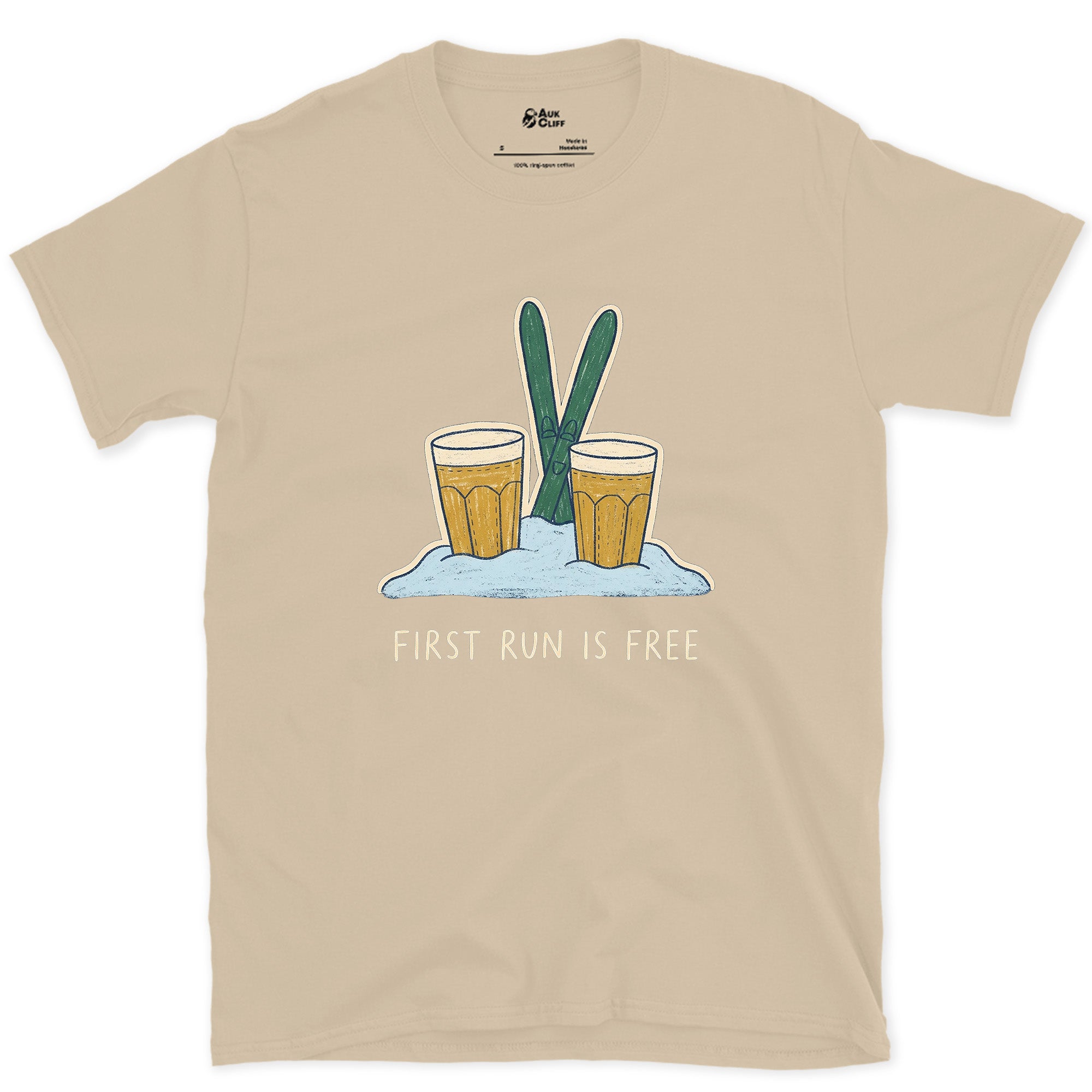 First Run Is Free, Beers Planted in Snow design on a Sand Gildan Softstyle t-shirt