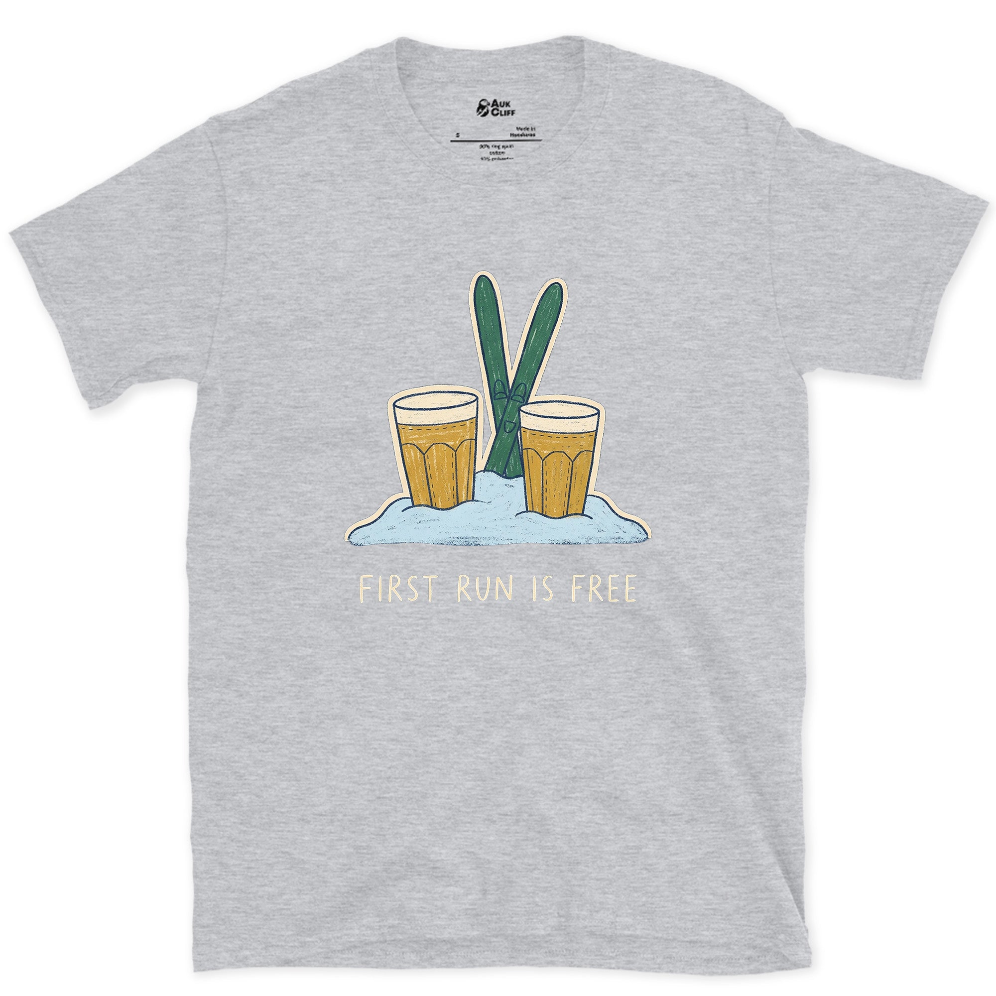 First Run Is Free, Beers Planted in Snow design on a Sport Grey Gildan Softstyle t-shirt