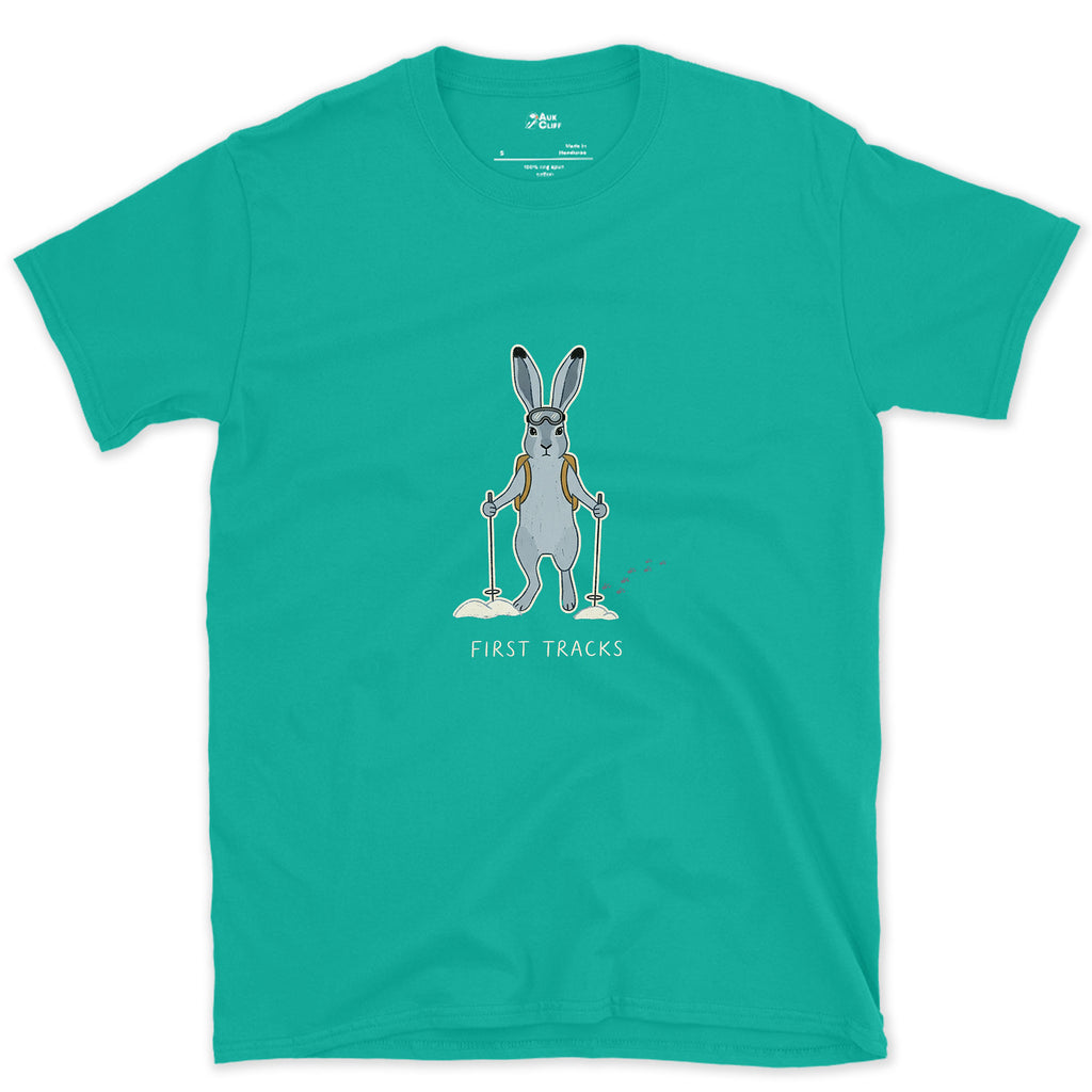 First Tracks, Snow Hare on Skis design on a Jade Dome Gildan Softstyle t-shirt