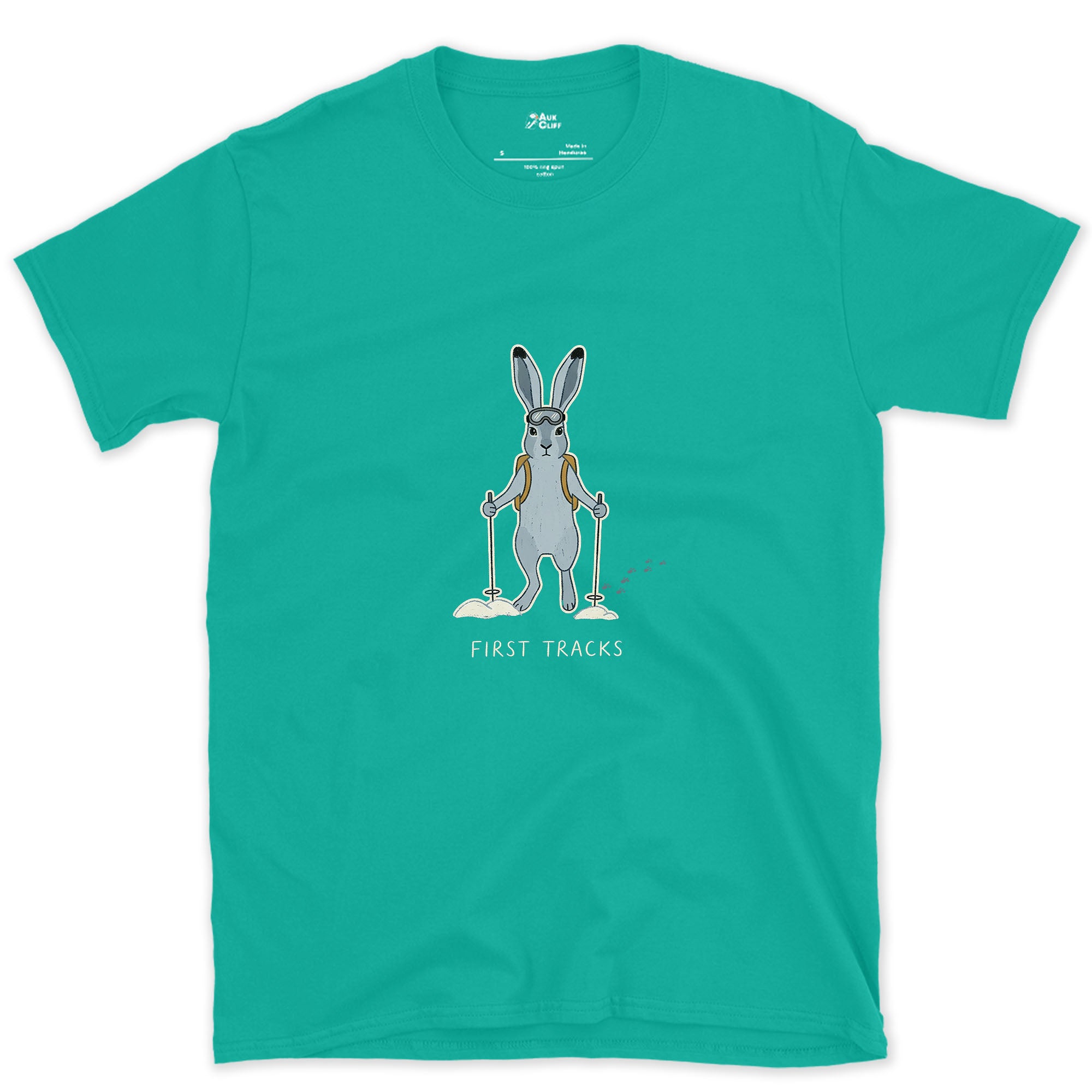 First Tracks, Snow Hare on Skis design on a Jade Dome Gildan Softstyle t-shirt