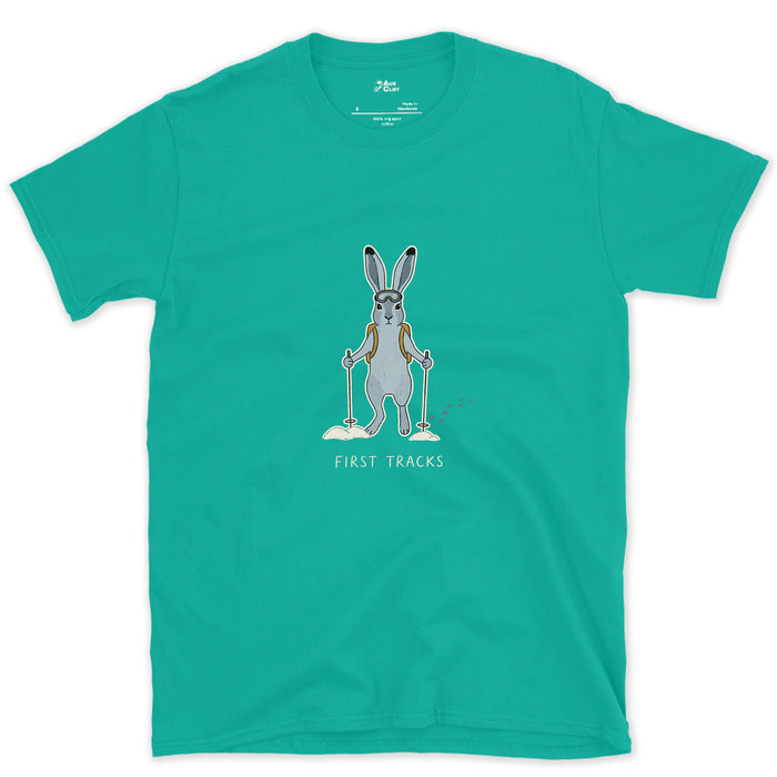 First Tracks, Snow Hare on Skis design on a Jade Dome Gildan Softstyle t-shirt