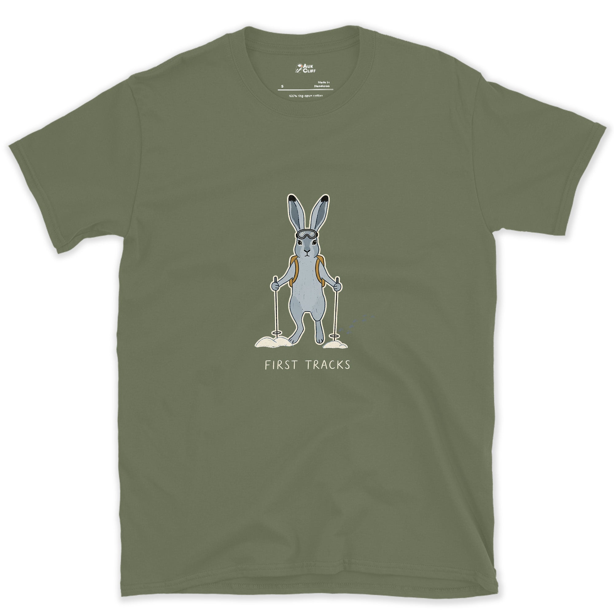 First Tracks, Snow Hare on Skis design on a Military Green Gildan Softstyle t-shirt