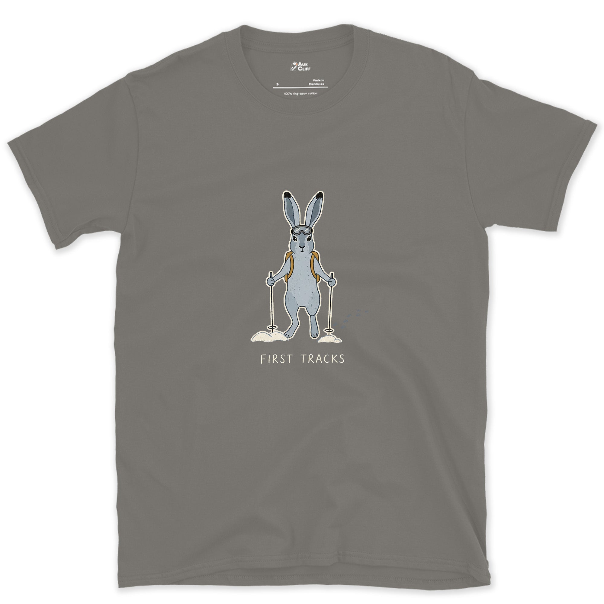 First Tracks, Snow Hare on Skis design on a Charcoal Gildan Softstyle t-shirt