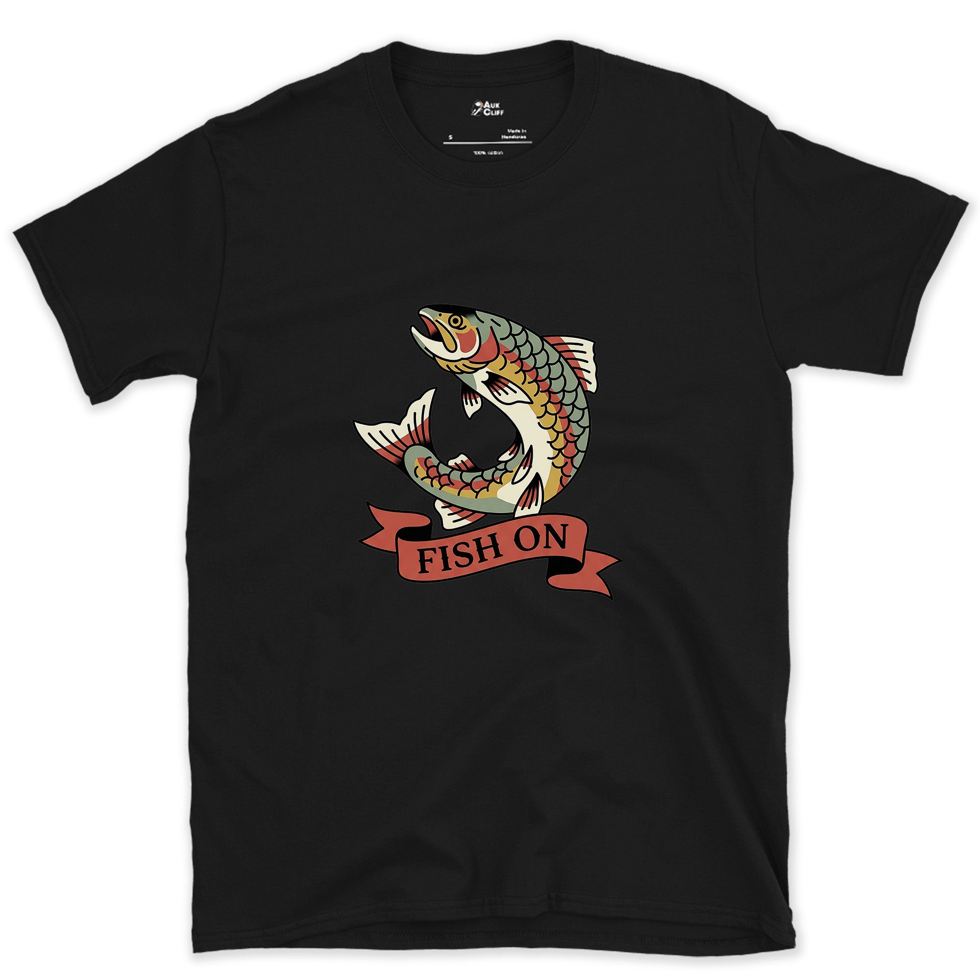 Leaping Clean Through the Banner, Trout design on a Black Gildan Softstyle t-shirt