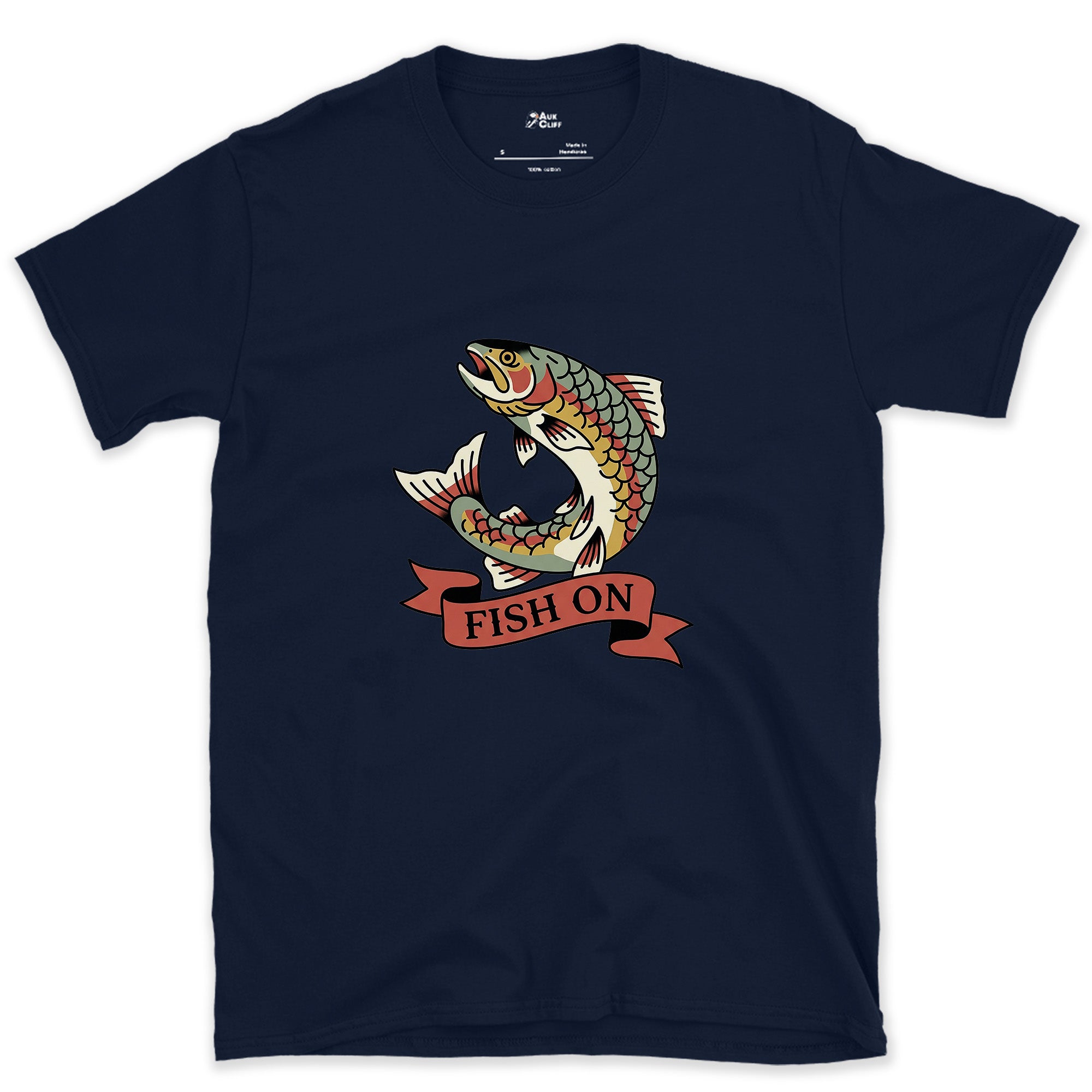 Leaping Clean Through the Banner, Trout design on a Navy Gildan Softstyle t-shirt