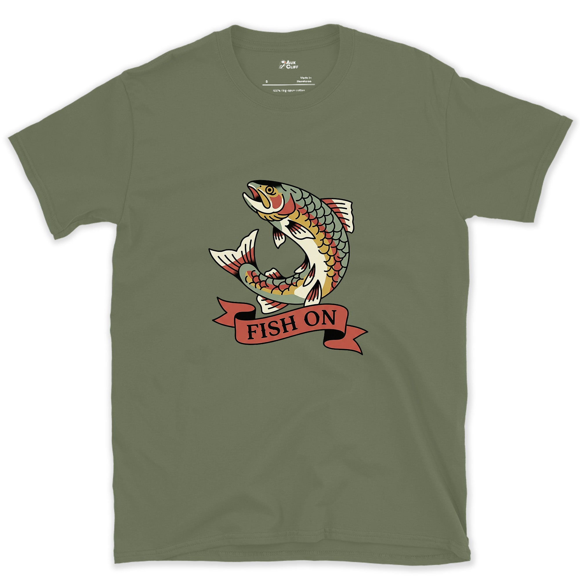 Leaping Clean Through the Banner, Trout design on a Military Green Gildan Softstyle t-shirt