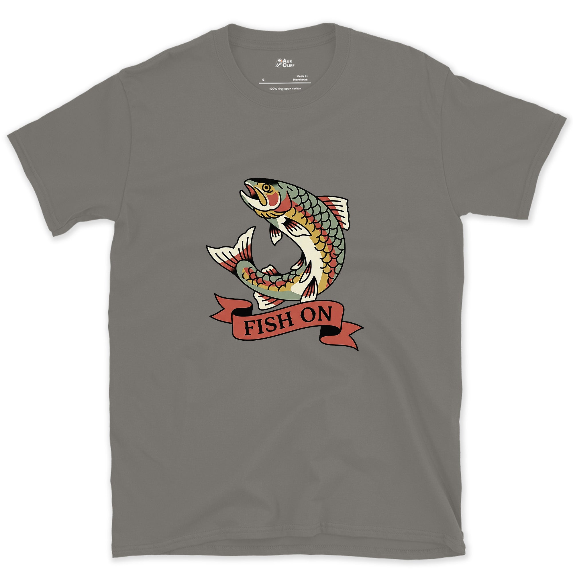 Leaping Clean Through the Banner, Trout design on a Charcoal Gildan Softstyle t-shirt