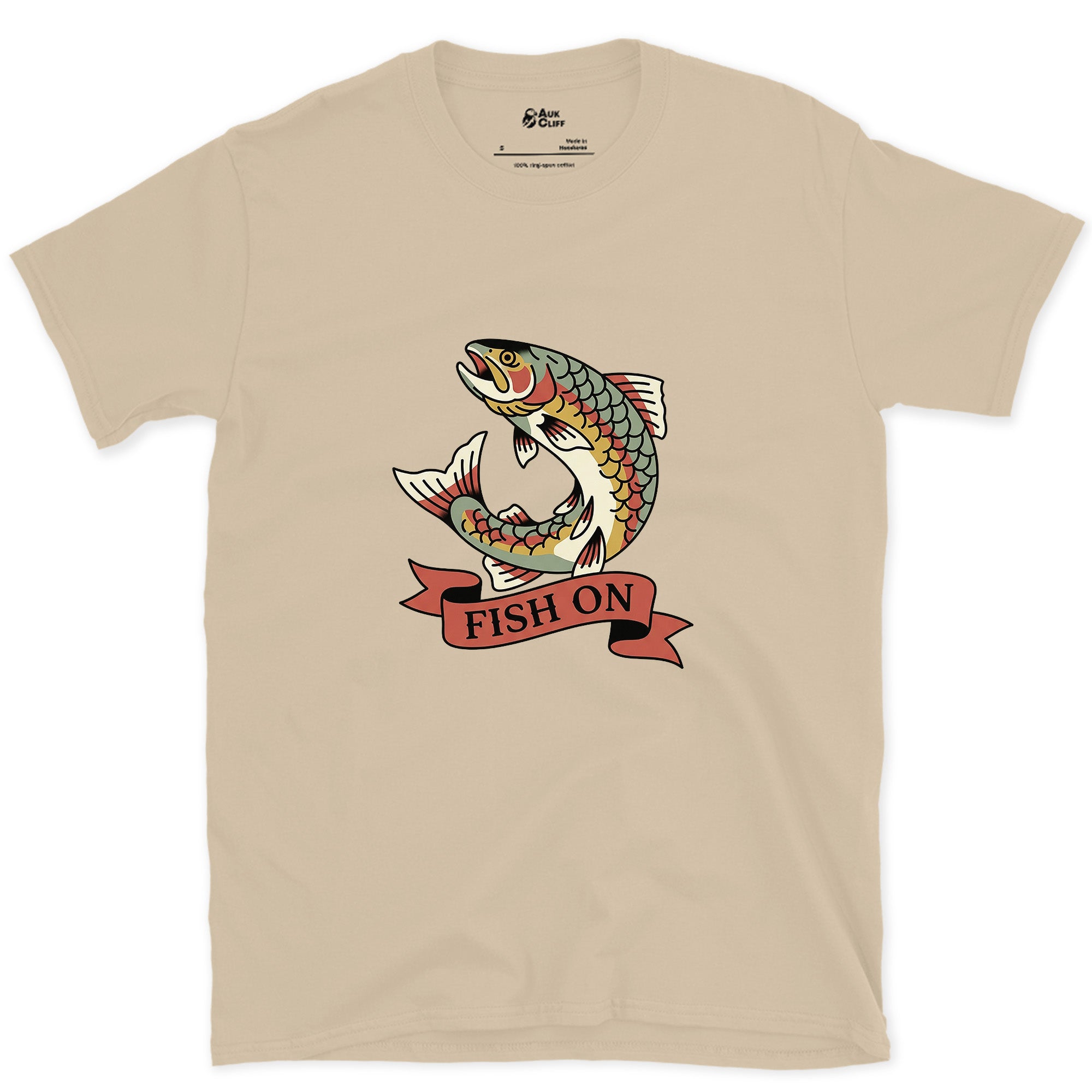 Leaping Clean Through the Banner, Trout design on a Sand Gildan Softstyle t-shirt
