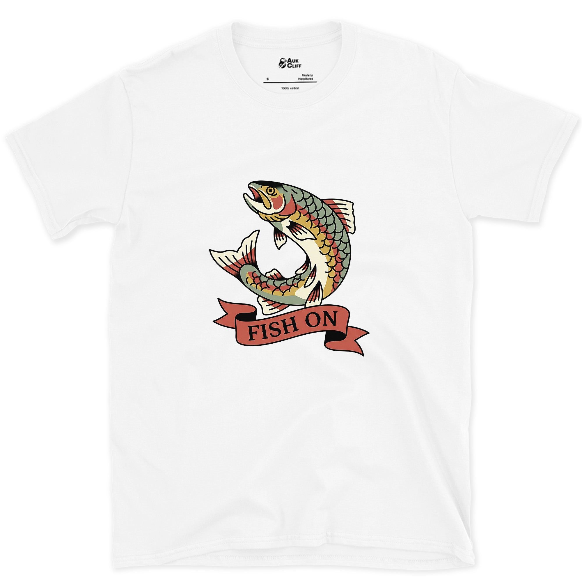 Leaping Clean Through the Banner, Trout design on a White Gildan Softstyle t-shirt