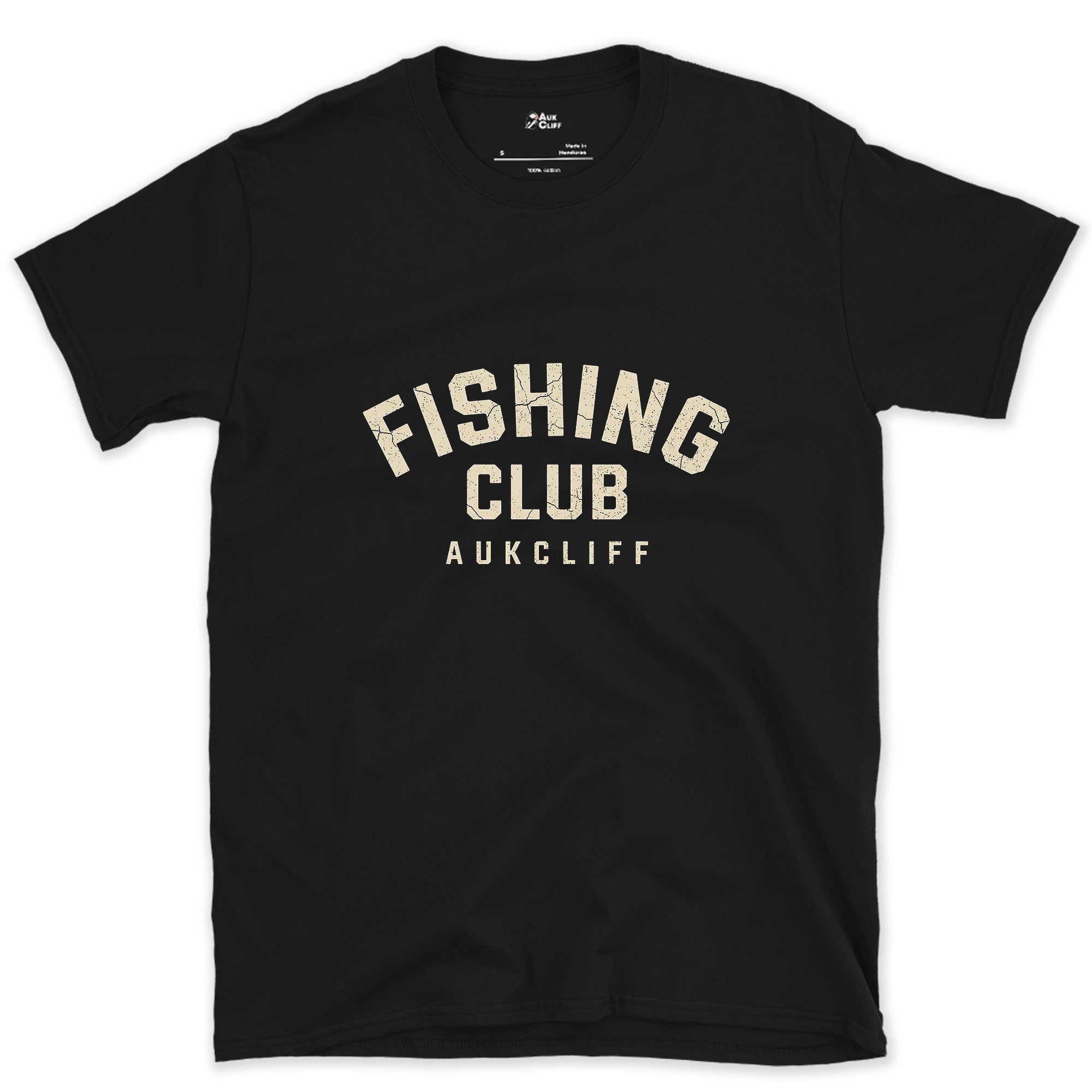 The Fishing Club Arched Badge design on a Black Gildan Softstyle t-shirt