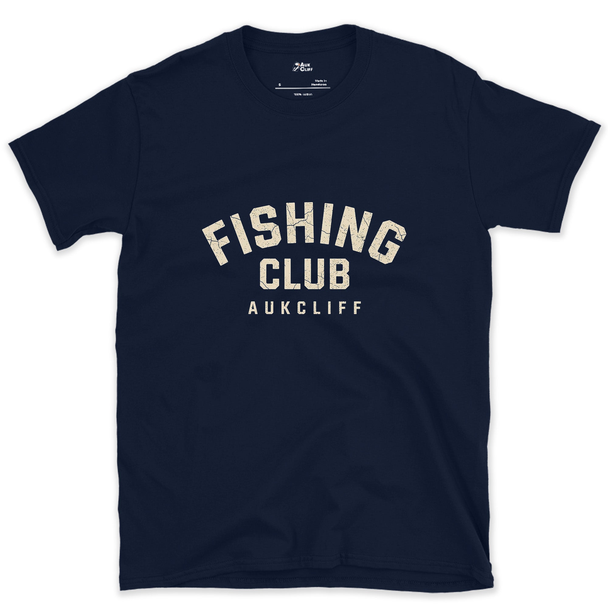 The Fishing Club Arched Badge design on a Navy Gildan Softstyle t-shirt