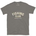 The Fishing Club Arched Badge design on a Charcoal Gildan Softstyle t-shirt