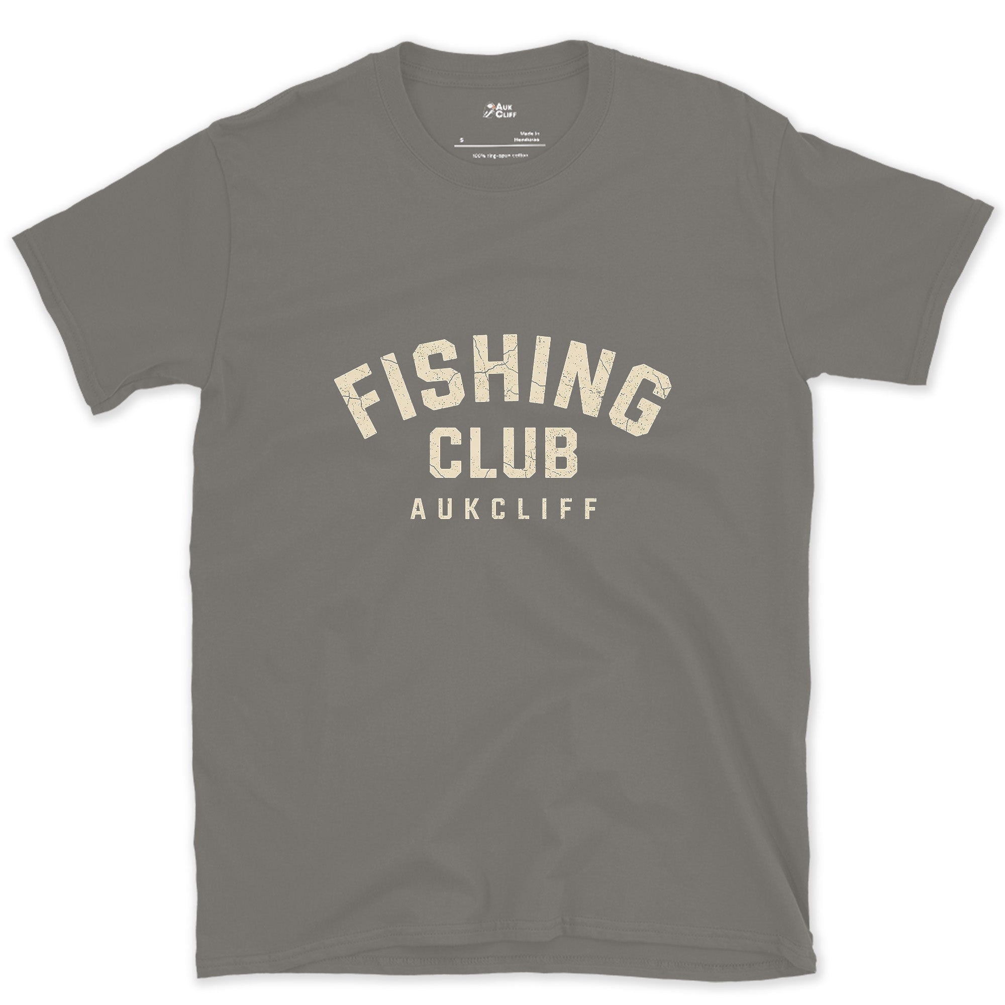 The Fishing Club Arched Badge design on a Charcoal Gildan Softstyle t-shirt