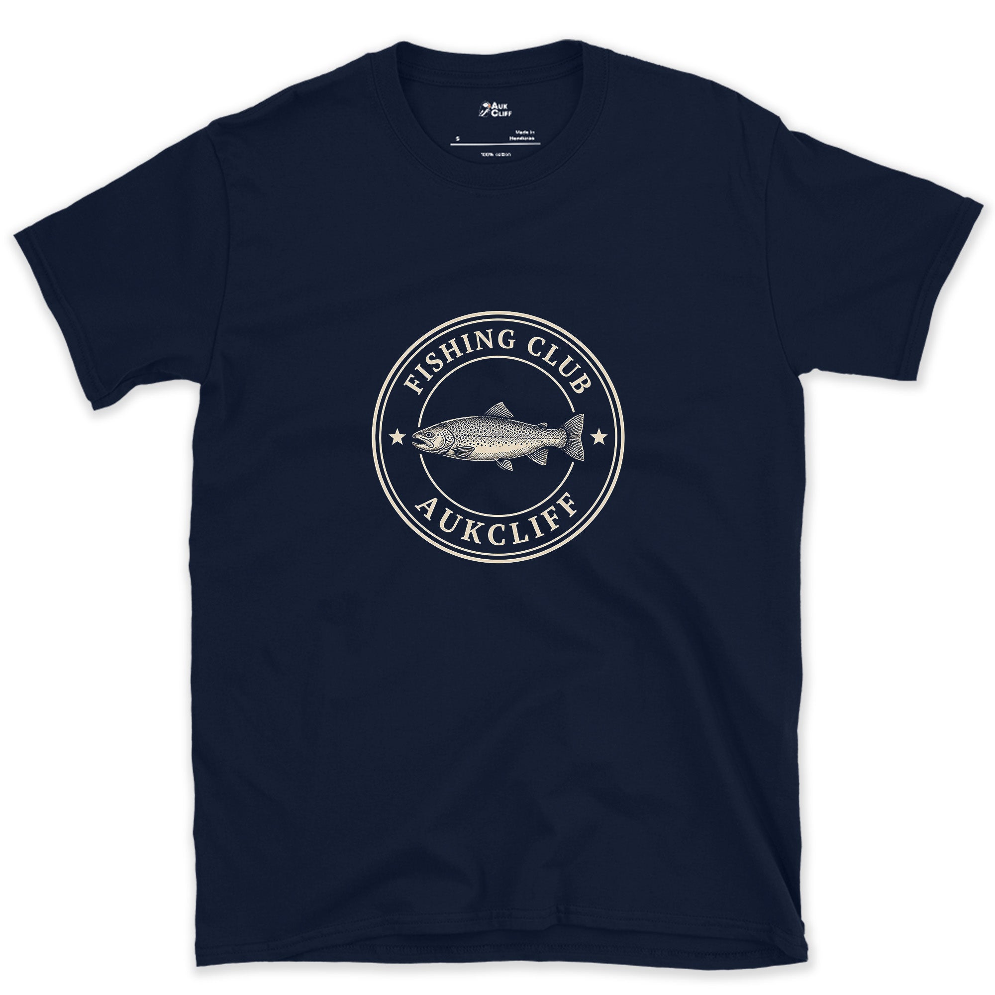 Fishing Club Trout Crest design on a Navy Gildan Softstyle t-shirt