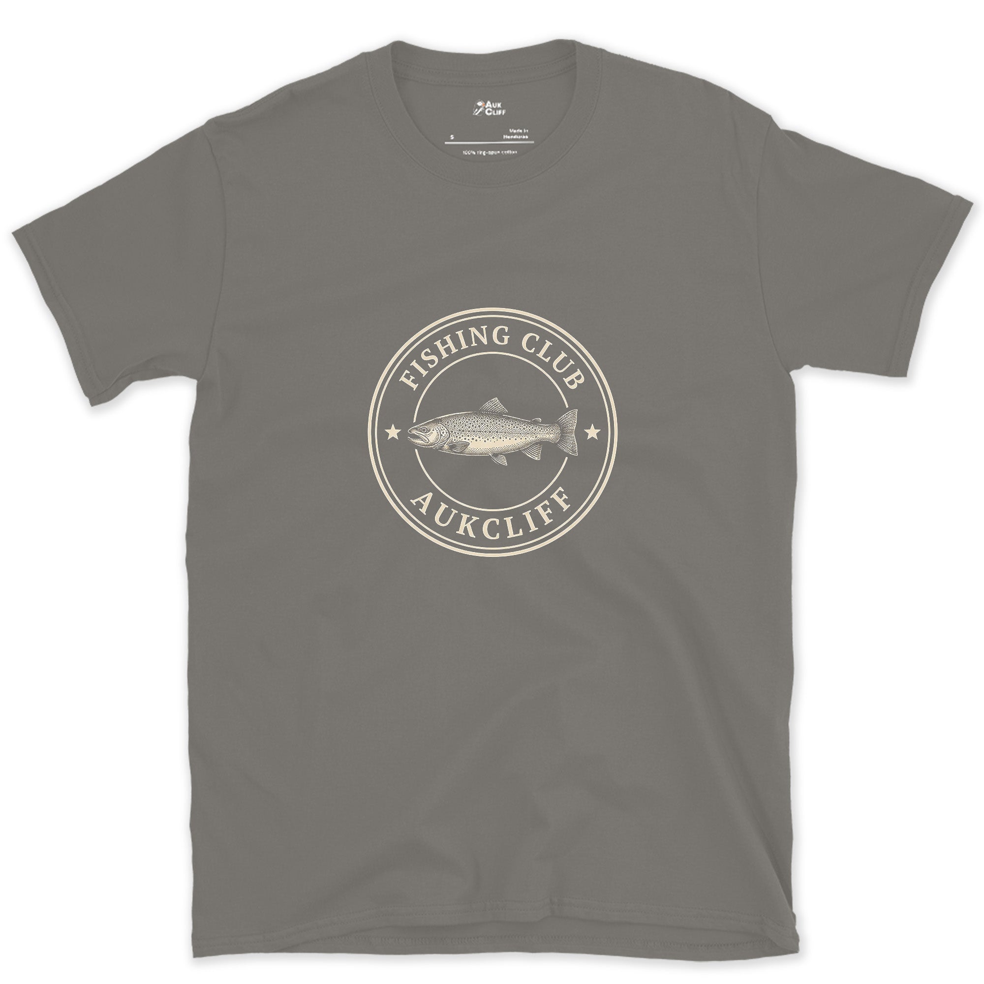 Fishing Club Trout Crest design on a Charcoal Gildan Softstyle t-shirt