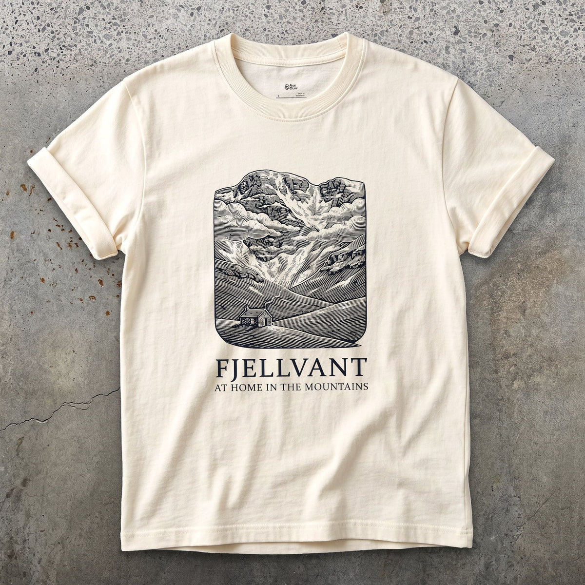 Fjellvant, at Home in the Mountains design on a Natural Gildan Softstyle t-shirt