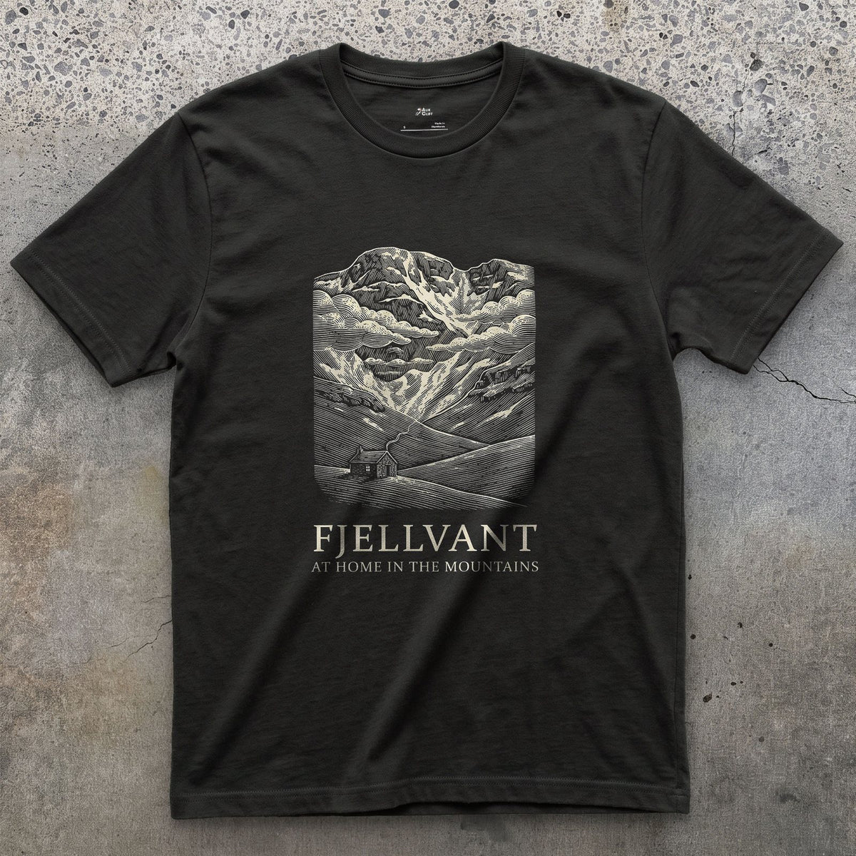 Fjellvant, at Home in the Mountains design on a Black Gildan Softstyle t-shirt