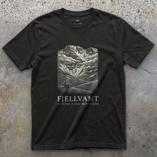Fjellvant, at Home in the Mountains design on a Black Gildan Softstyle t-shirt