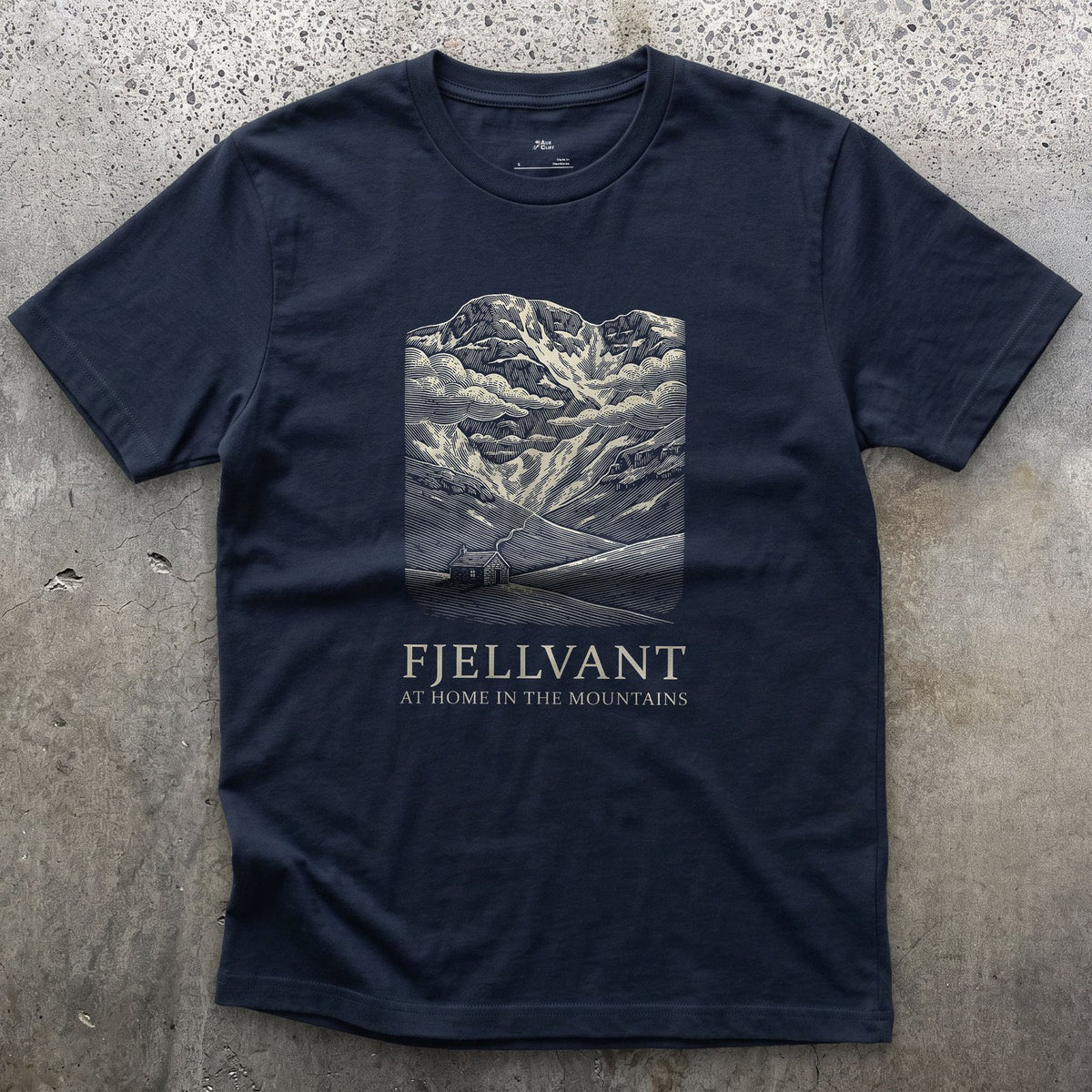 Fjellvant, at Home in the Mountains design on a Navy Gildan Softstyle t-shirt