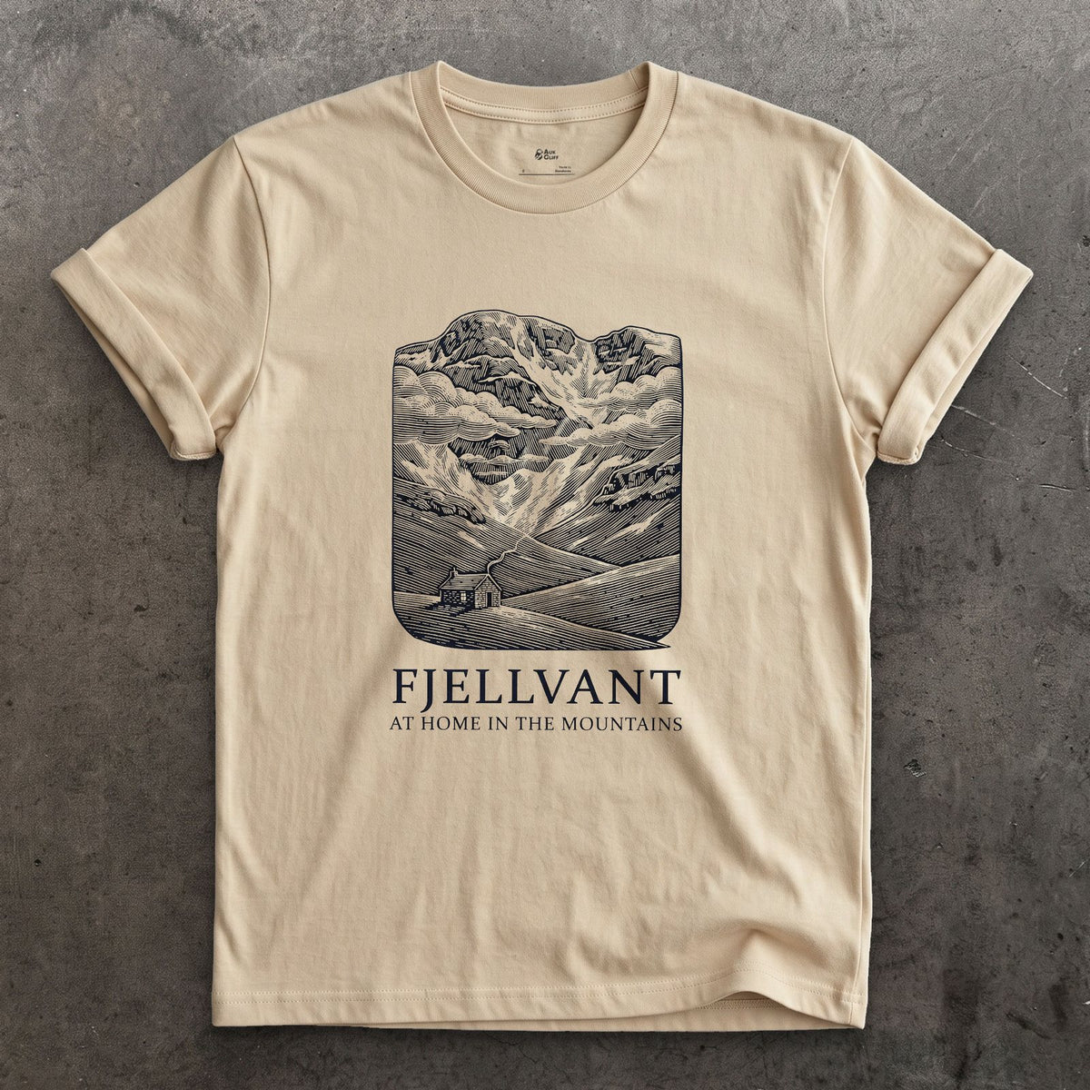 Fjellvant, at Home in the Mountains design on a Sand Gildan Softstyle t-shirt